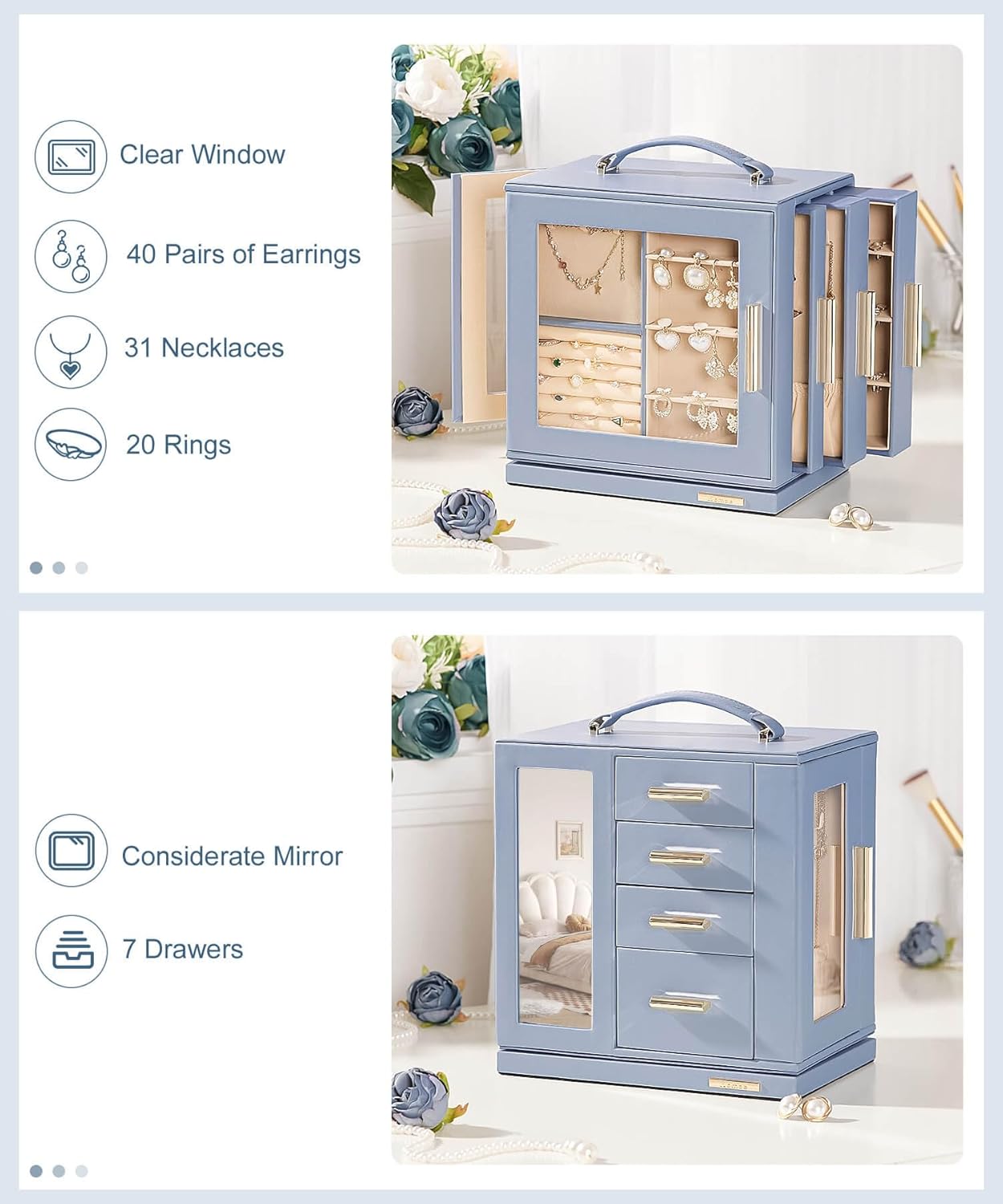 Homde Mothers Day Gifts Jewelry Box 360° Rotating, Necklace Earring Organizer with Transparent Window, Mirror, 7 Drawers, Large Ring Display Storage Case for Girls Women (Grey Blue)