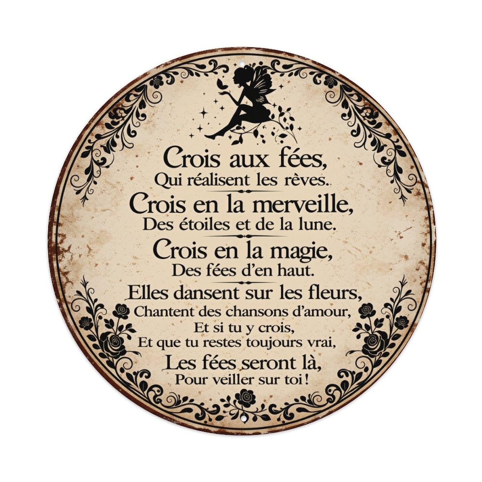 Fairy Silhouette Floral Border Text Round Tin Sign Vintage Metal Poster, Home Bar Garage Man Cave Cafe Indoor & Outdoor Wall Decoration 8x8Inches
