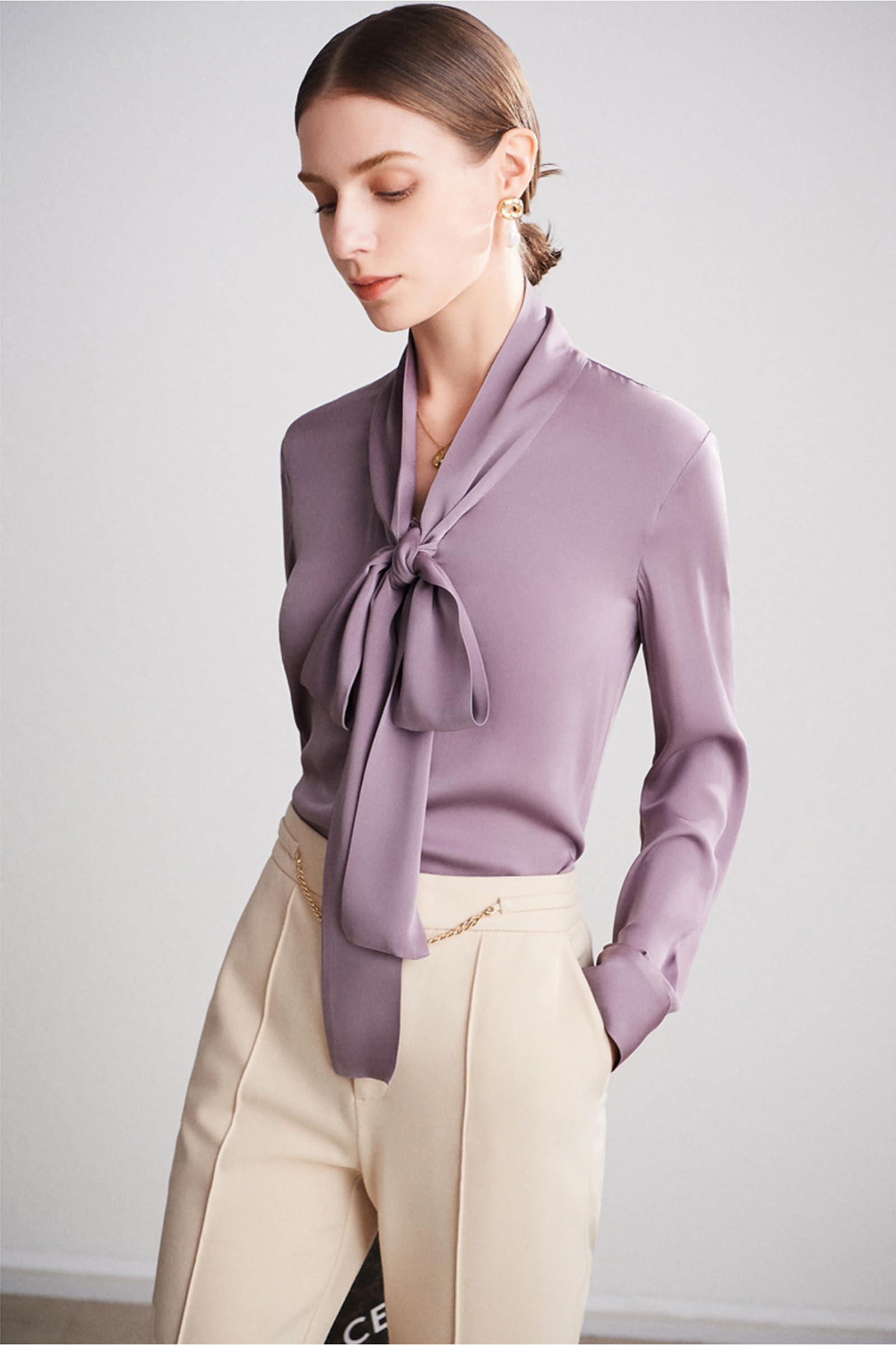 Blusa de Seda para Mujer Camisa Formal de Manga Larga con Cuello de Pajarita Abotonada Blusas de Lujo de Oficina Frescas y Suaves de Seda Pura