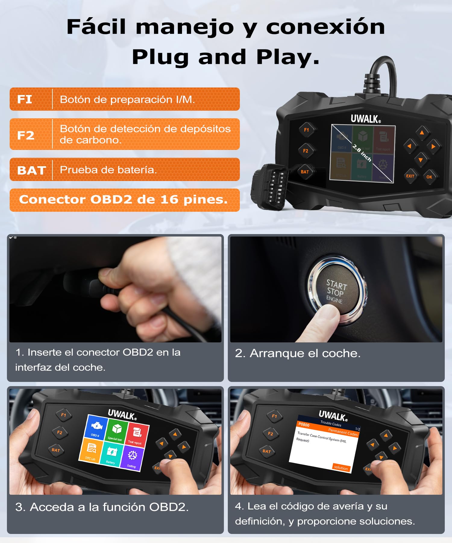 OBD2 Diagnosis Coche OBD Scanner: EOBD Máquina Coche Diagnóstico Multimarca Vehículos con Prueba de batería - Español OBD2 Lector de Código Fallos Motor Autos OBDII Funciones para BMW Audi Mercedes