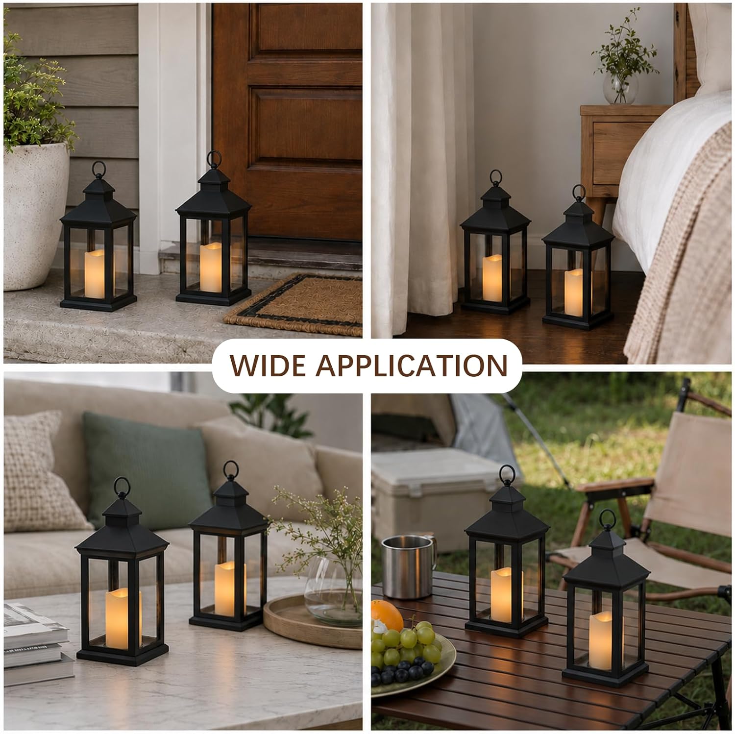 2 Pack 14in Black Decorative Lanterns, Flickering Candle, 8H Timer