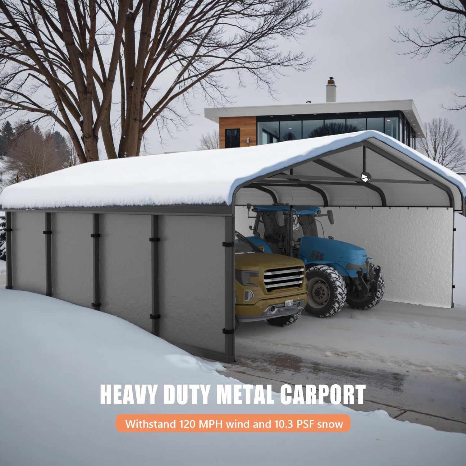 Carport with snow on the roof, demonstrating snow resistance