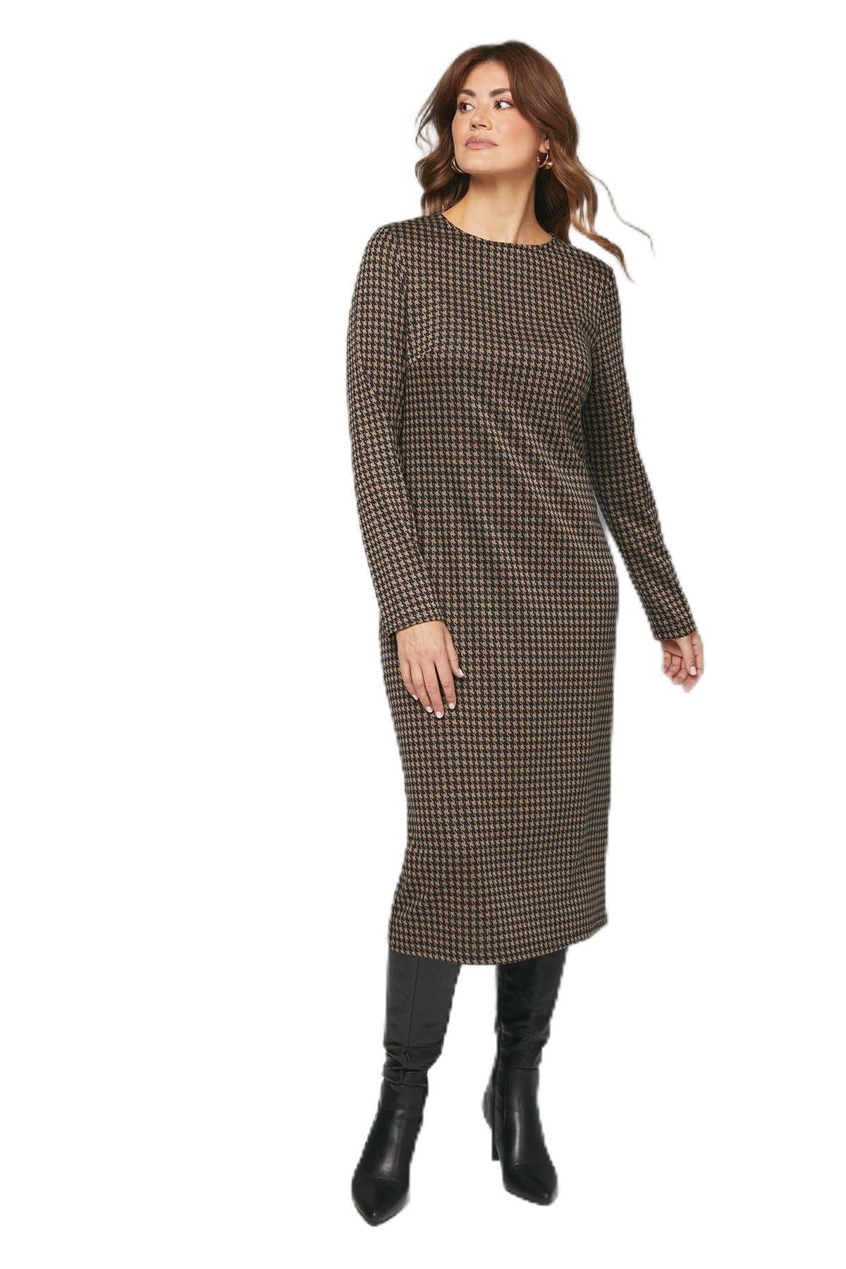 Wallis Dogtooth Jacquard Ponte Midi Dress, 14, Chocolate