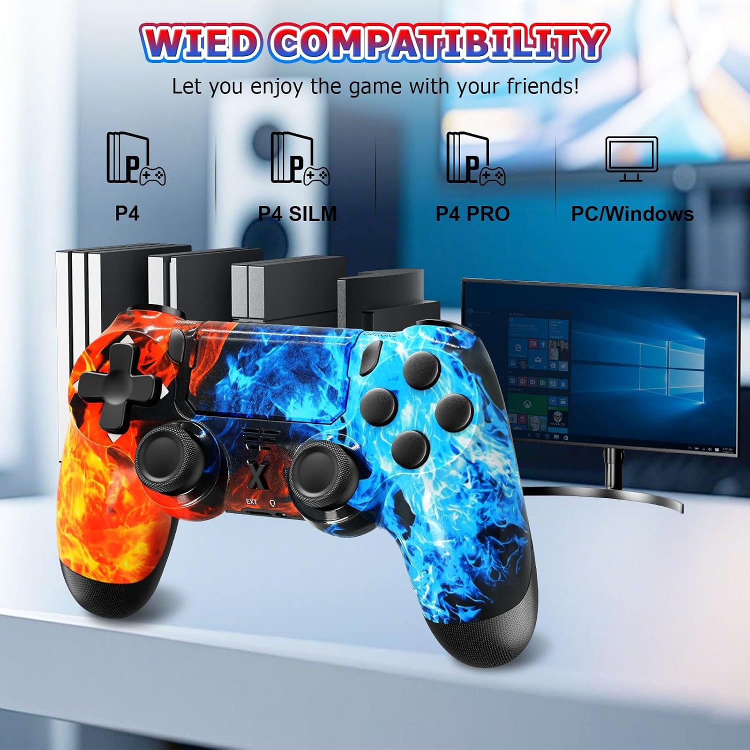 Hycago Manette sans pour PS-4, manette de jeu compatible avec PS-4/Slim/Pro, manette de jeu Bluetooth avec double vibration/écran tactile, capteur gyroscopique à 6 axes