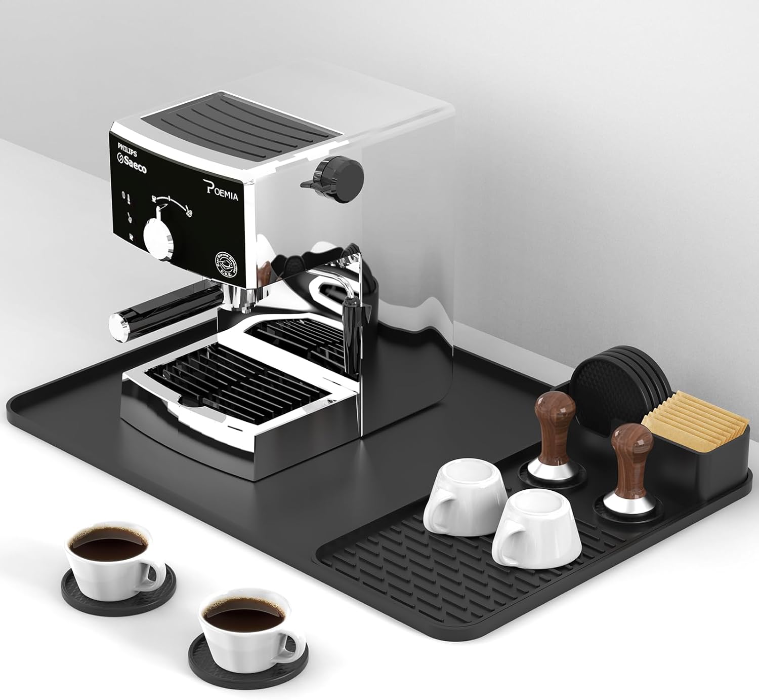 Tapete de silicona para café con 6 posavasos, tapete de barra de mostrador de 24 x 16 pulgadas que se adapta debajo de la cafetera, olla y máquina