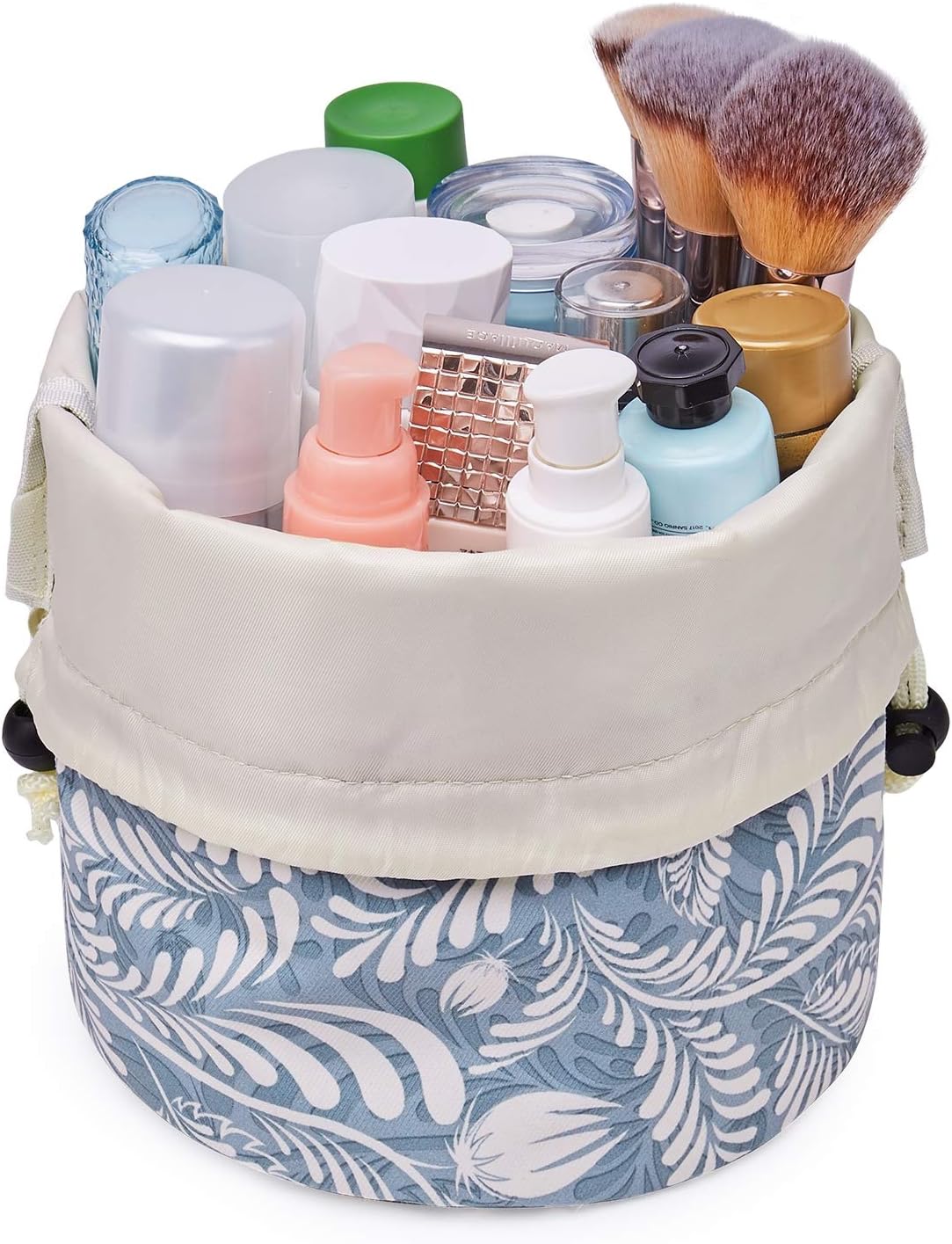 Narwey Barrel Makeup Bag Travel Drawstring Cosmetic Bag Large Toiletry Organizer Waterproof for Women and Girls (Large, Blue Leaf)