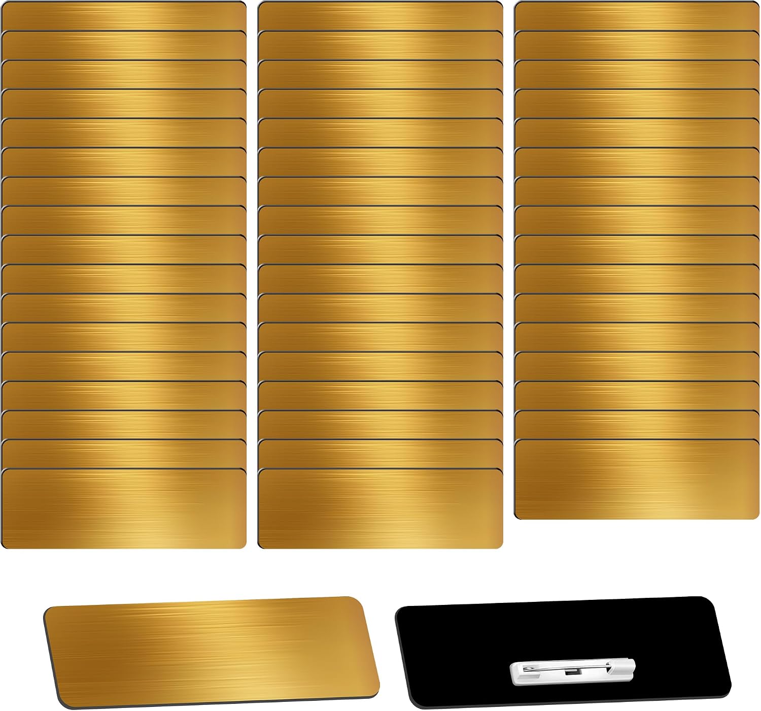 100 Pack Blank Name Tags with Pins - 3 x 1 in Plastic Name Tags for Retail Uniforms & Employee ID - Suitable for Laser Printers for Restaurants & Offices（Gold,100 Pack）