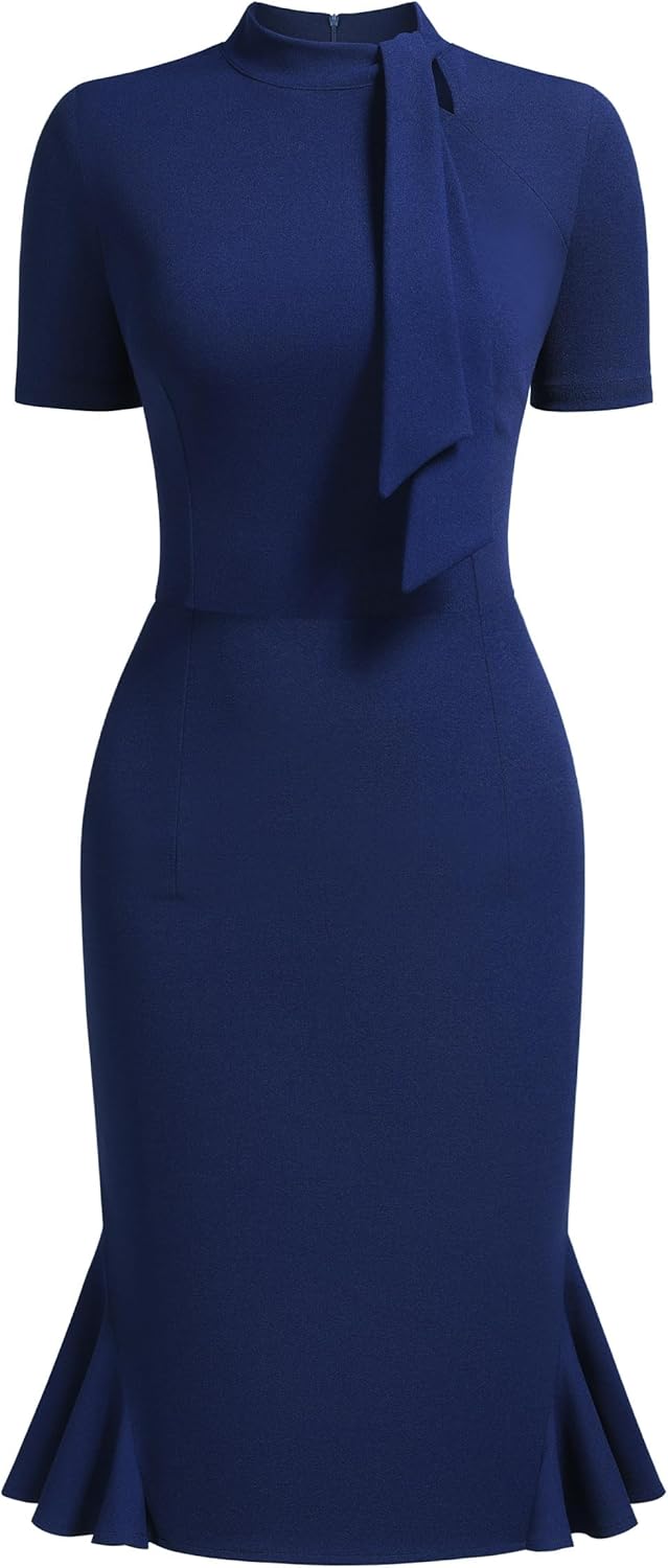 AISIZE Women's 1950s Vintage Tie Neck Cocktail Bodycon Pencil Dress - Image 4