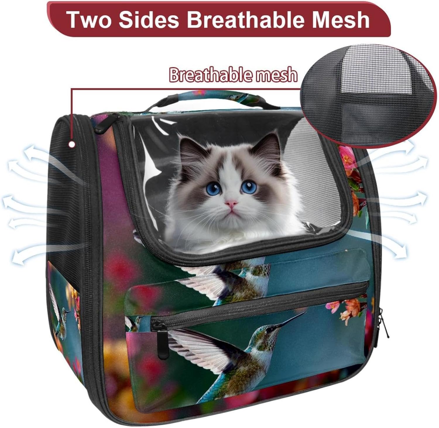 Hummingbird and Flowers Pet Carrier Airline Approved Soft Sided Portable Cozy Travel Pet Bag, Car Seat Safe Carrier for Cats and Dogs