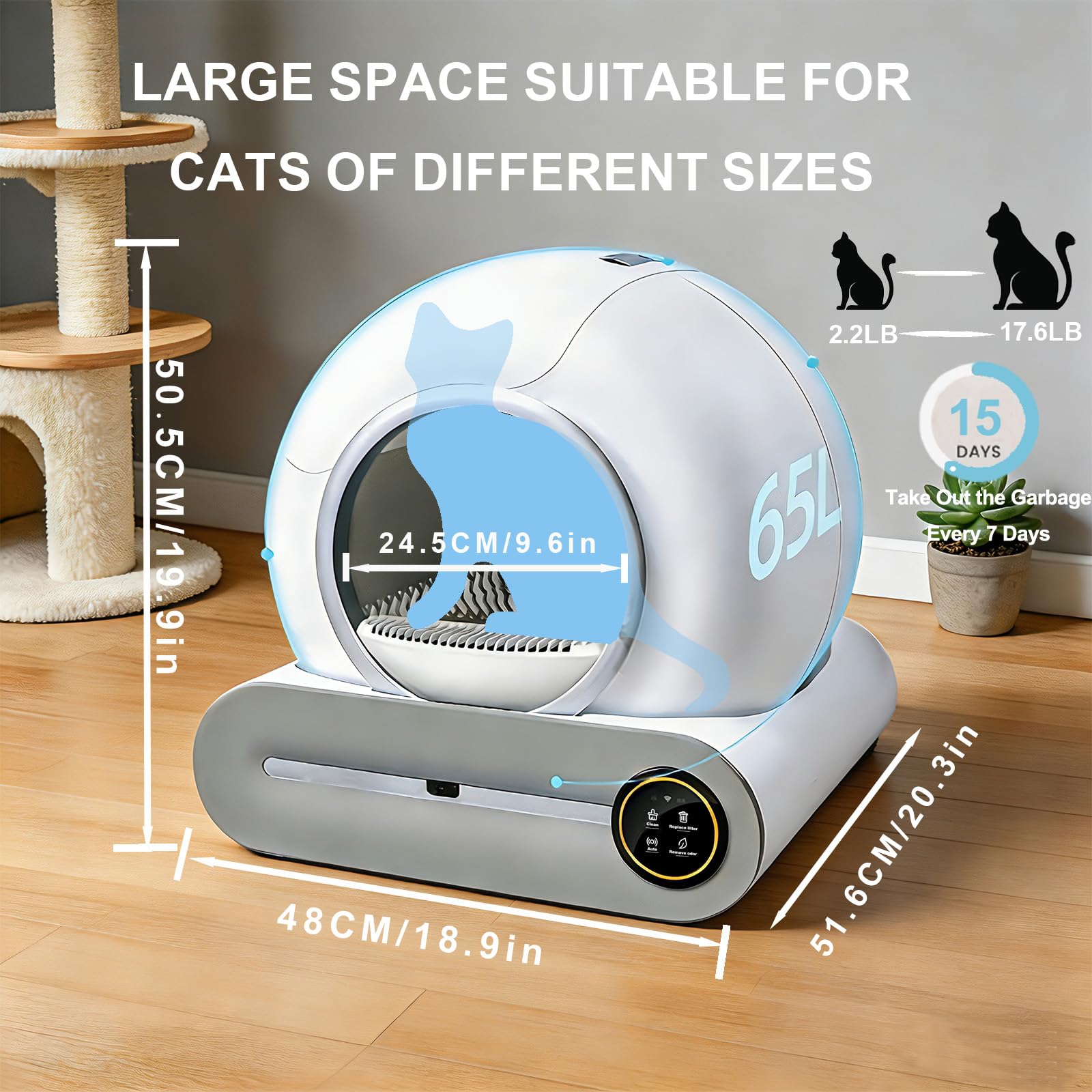 Lettiera Autopulente per Gatti 65 L+ 9 L Cassetta per Gatti Abilitata WiFi | Anti Trappola, Isolamento Odori, Controllo App, Progettazione Sicura, 6 Sacchetti per Rifiuti, 2 Filtri, 1 Tappetino