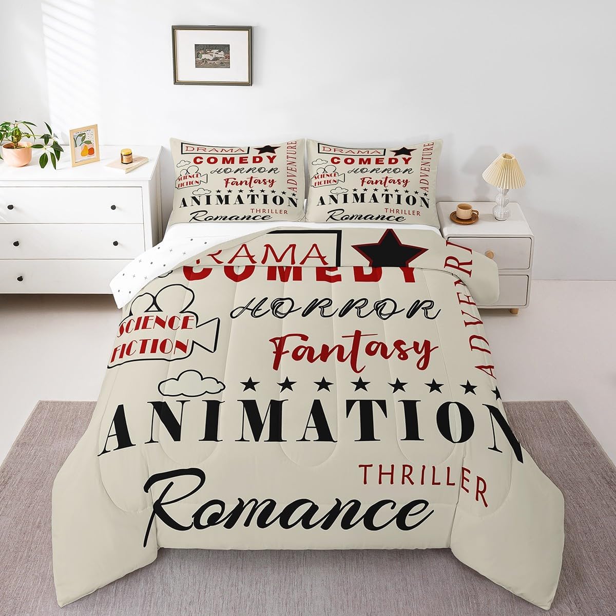 Movie Theme Comforter Set Vintage Cinema Ticket Bedding Home Theater Decor Duvet Insert Movie Lover Movie Theater Theme Bedding Comforter Sets Retro Cinema Style Quilt Full Size with 2 Pillowcases