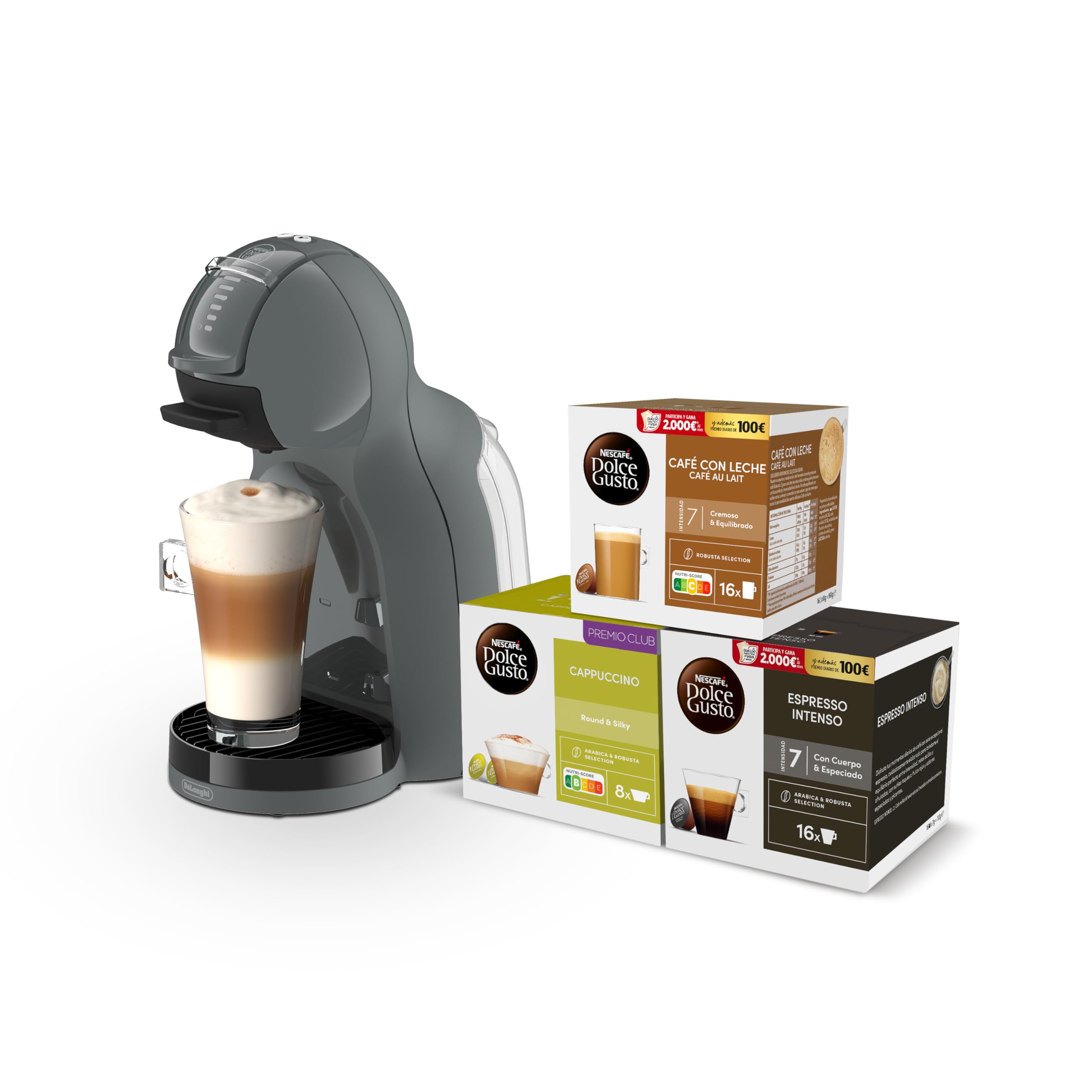De’Longhi Nescafé Dolce Gusto Mini Me 2 – Cafetera de Cápsulas Automática, 15 Bar, Control LED, Bebidas Calientes y Frías, Diseño Compacto, Bundle 3 Packs de Cápsulas Intensas, Antracita (EDG335.A)