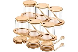 Tessco 2 Set Airtight Glass Condiment Jars with Bamboo Lids and Accessories