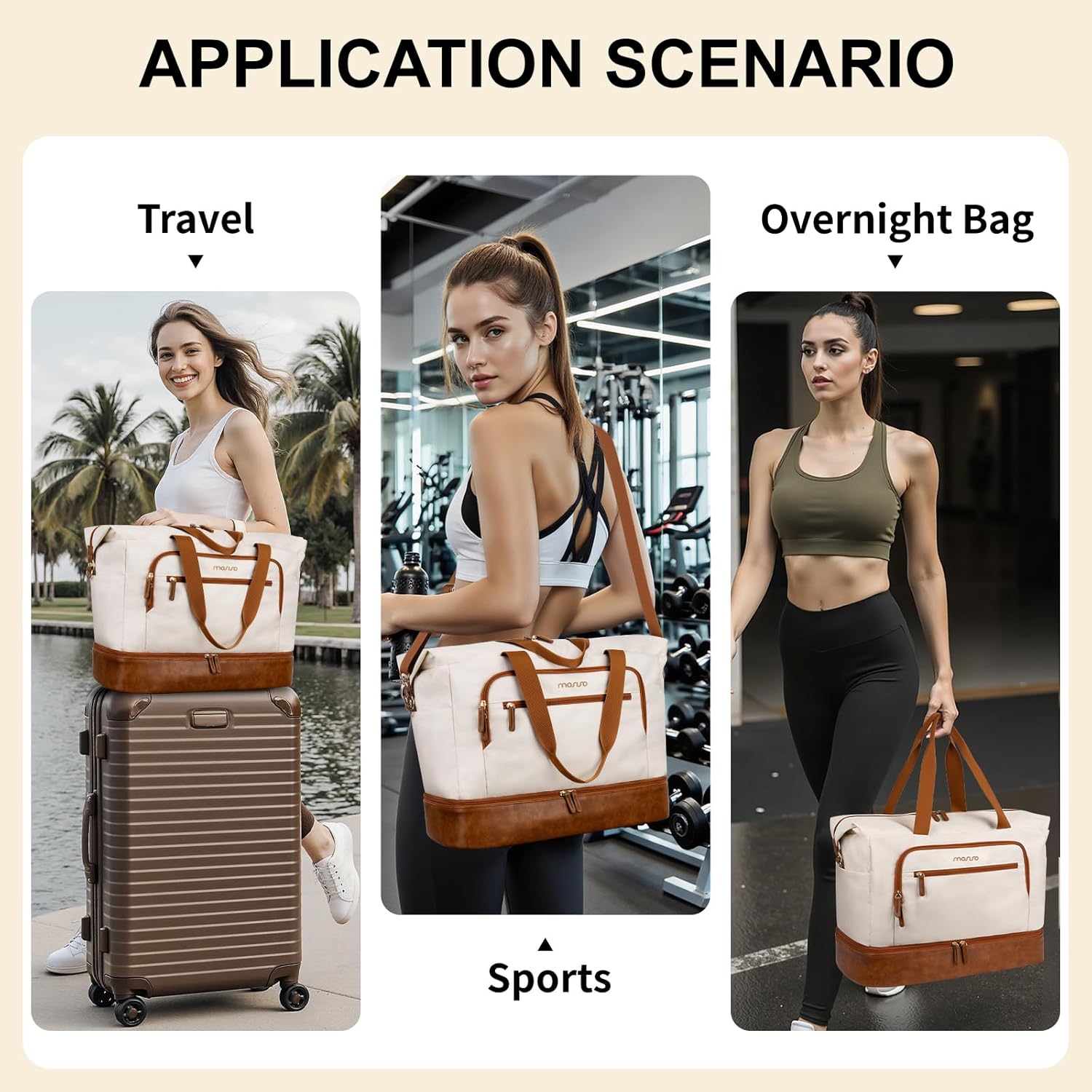 MOSISO Gym Bag for Women, Travel Duffle Weekender Overnight Workout Carry on Gym Duffle Bag with Toiletry Pouch&Shoe Compartment&Wet Pocket&Front Pocket for Fitness, Yoga, Weekend, Beige - Image 7