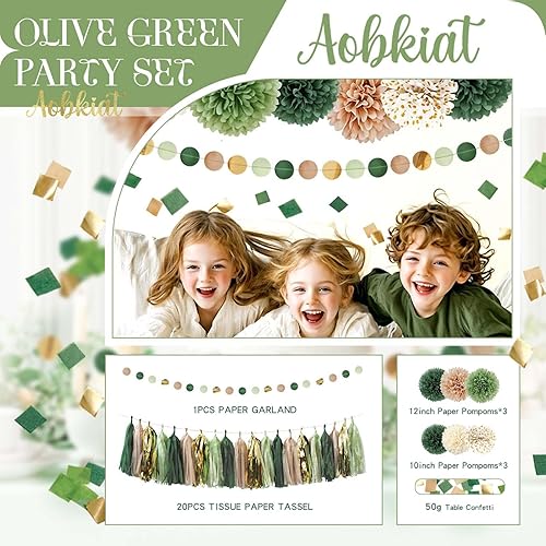 Miniatura 7 de AOBKIAT Decoraciones de fiesta de boda verde salvia, 28 pompones de papel de seda, guirnalda de puntos circulares, borlas de papel para colgar telón