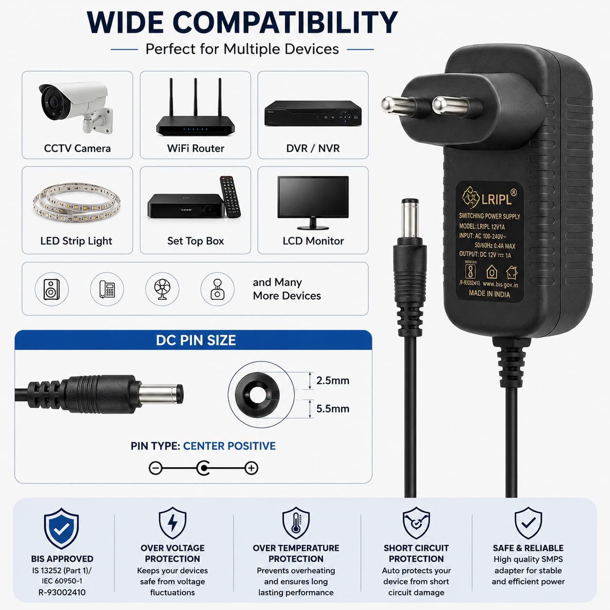 LRIPL 12V 1Amp Power Adapter with 2.5mm Pin 1 Meter Cable | Heavy Duty SMPS Converter Supply for Router, CCTV, DVR, NVR, Set Top Box & LCD Monitor & Electronic Devices - BIS Certified — Amazon image 2