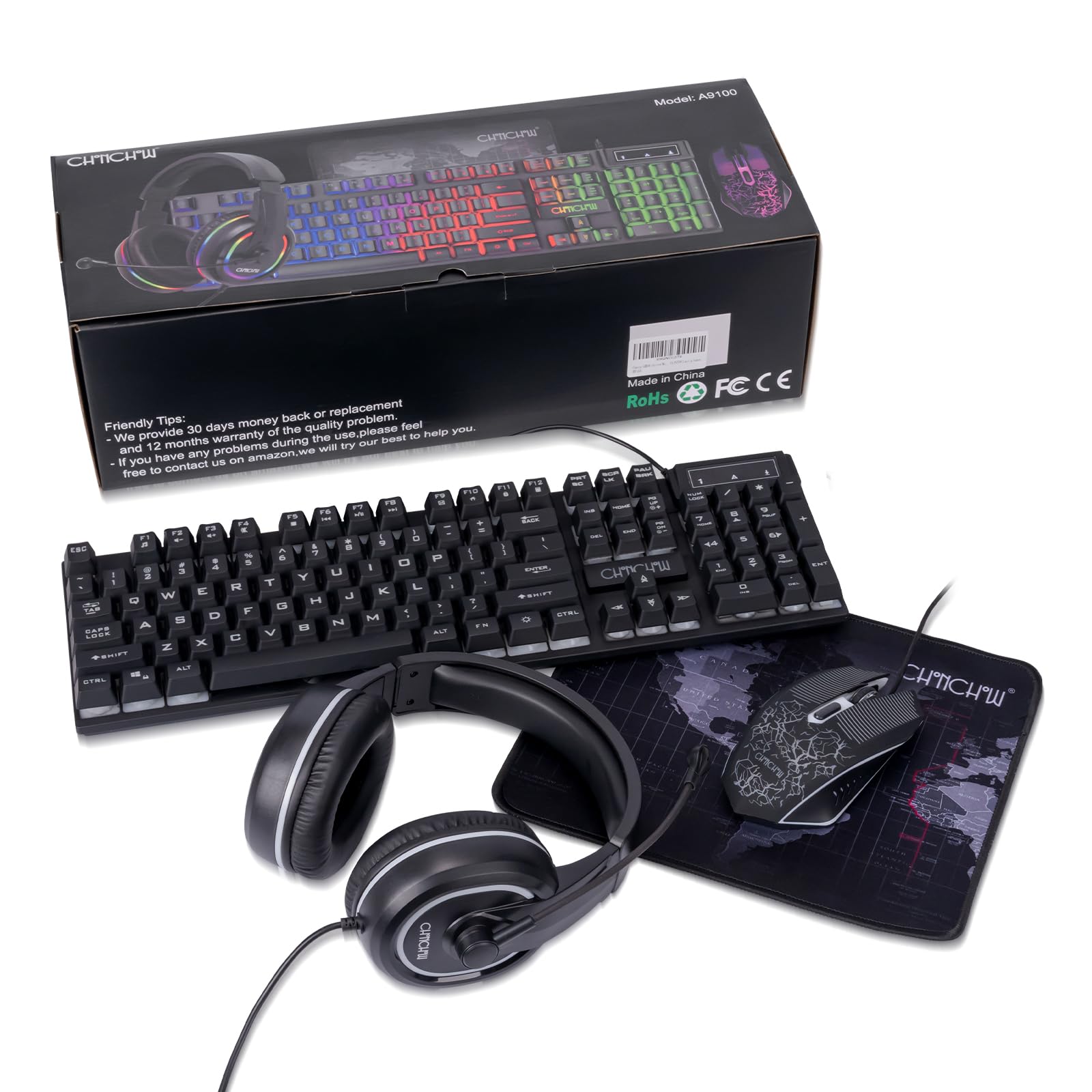 Paquete de teclado LED y alfombrilla de mouse para juegos, arco iris con cable | Auriculares con teclado y mouse con luz LED, juego 4 en 1 para Xbox PS4, PS5, PC, portátil, gamer