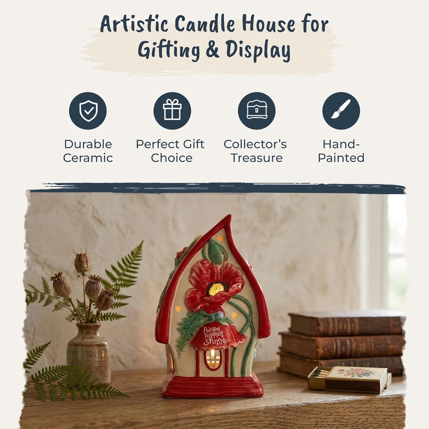 Blue Sky Clayworks Painted Poppies Studio Candle House, 5.75" L x 5" W x 8.25" H