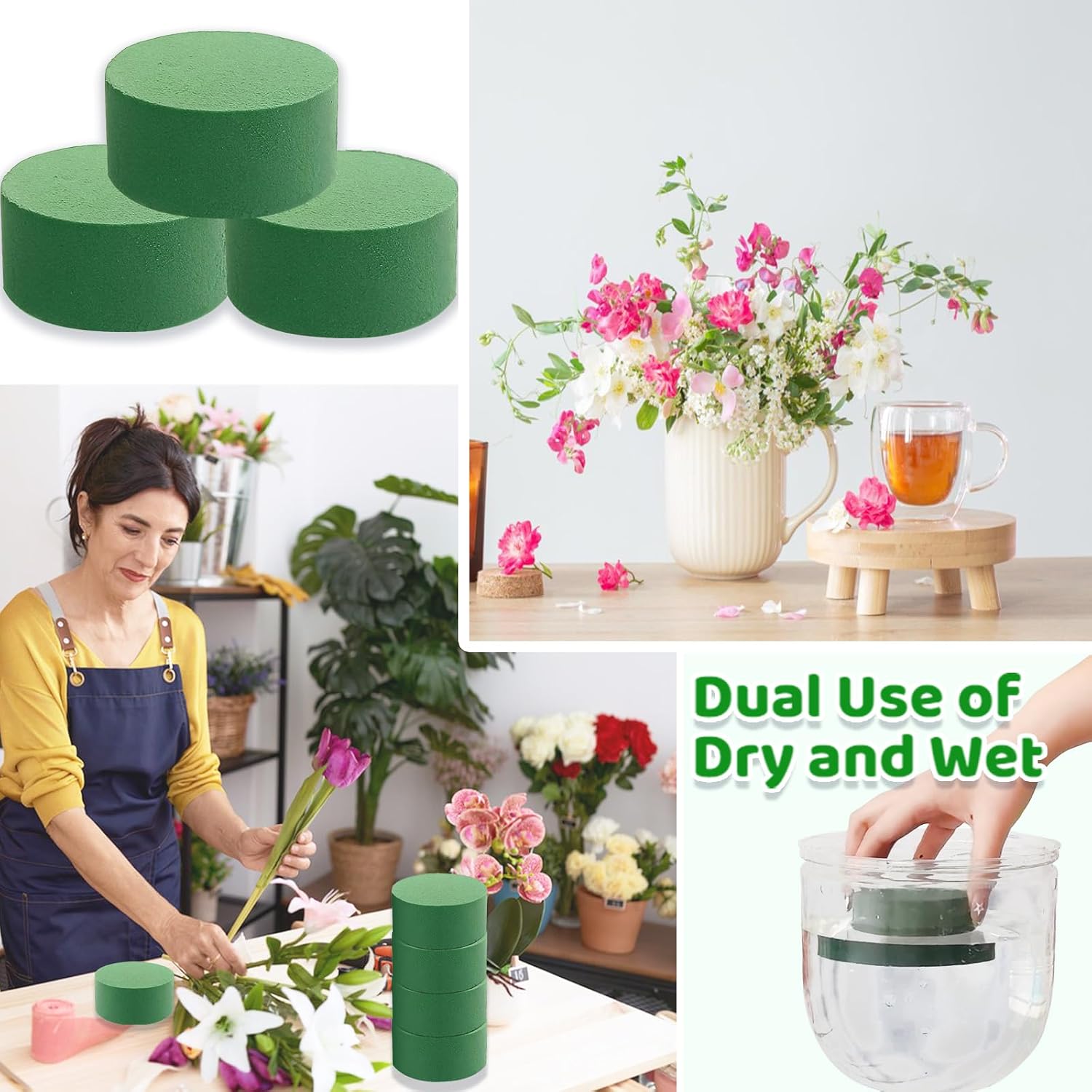6 Pcs Round Floral Foam Blocks,3" Small Green Wet Dry Florist Foam Circles,Artificial Fresh Flower Plant Arrangements Foam for Wedding Party Home DIY Decor Crafts
