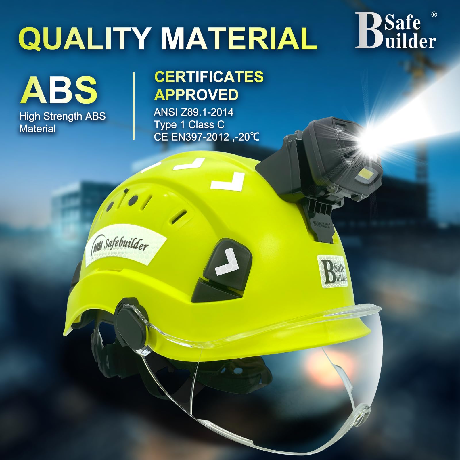 SAFEBUILDER Casque de sécurité avec phare, casque de sécurité avec visière, lampe frontale rechargeable pour homme, travail, industrie, construction, foresterie