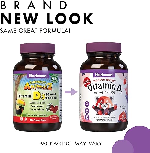 Miniatura 3 de Bluebonnet Nutrition Rainforest Animalz - Tableta masticable de vitamina D3 de 400 UI, sin soja, lácteos y gluten, sin OMG, certificado Kosher, apto