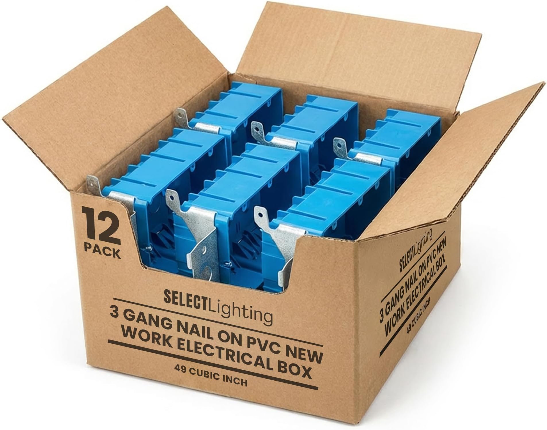 Select Adjustable Plastic Box 3-Gang PVC New Work Standard Switch/Outlet Wall Electrical Box 49 Cubic, 12 Pack