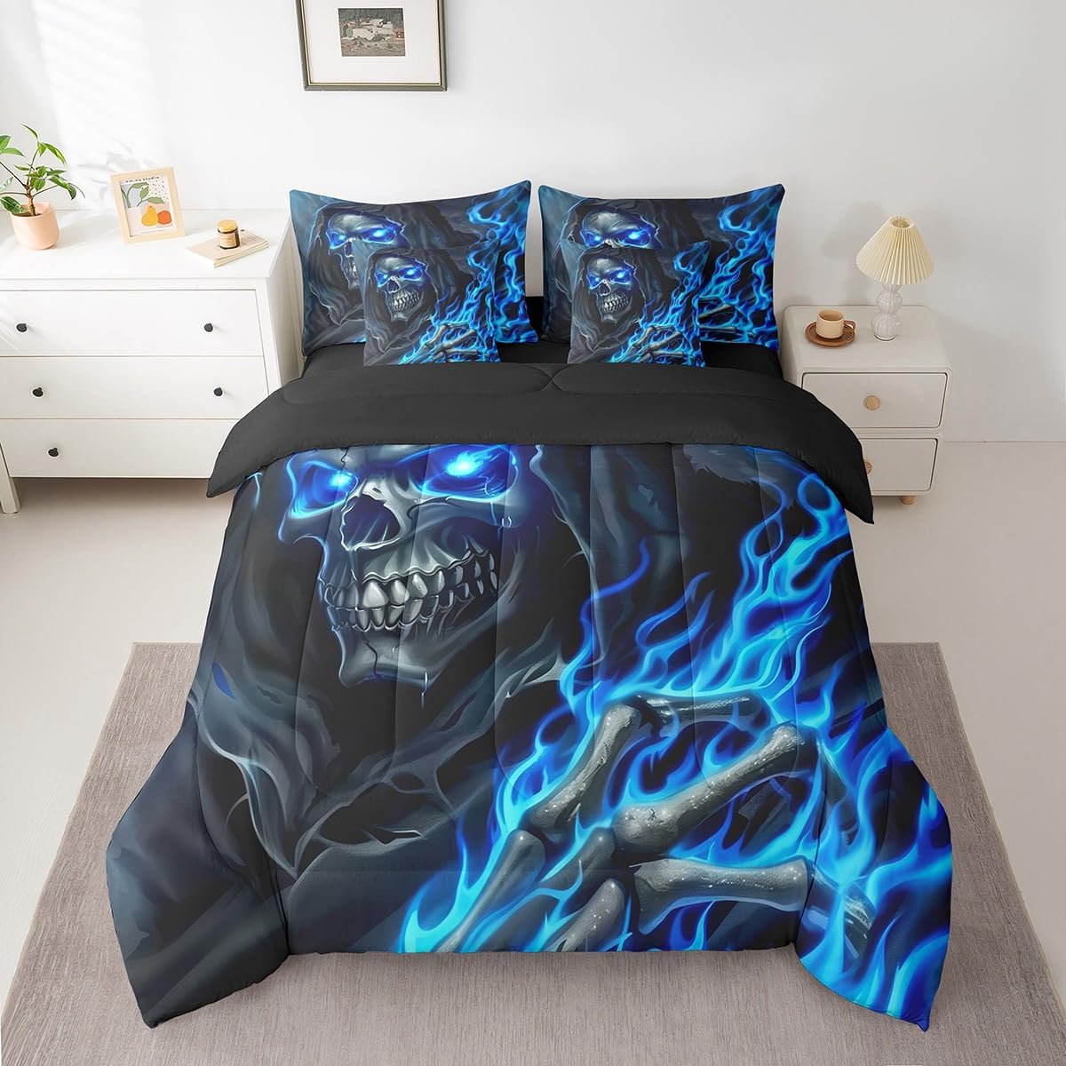 Erosebridal Gothic Fire Skull Full Bed in A Bag 7 Piece Blue Flame Skull Comforter Set with Sheets Skeleton Bones Bedding Sets for Kids Adults,Halloween Goth Themed Bed Set