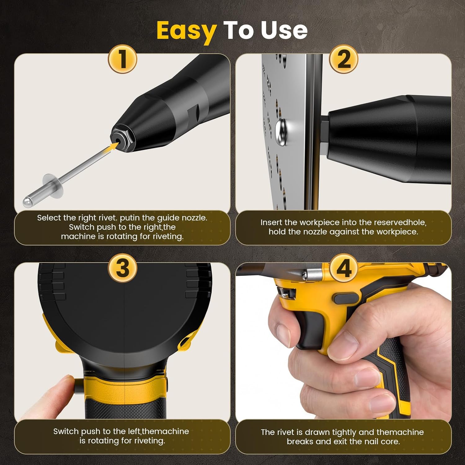 WonVon Cordless Electric Rivet Gun Tool 20V Max Battery, Brushless Automatic Kit Rivets, Pop Rivet Gun with 3 Size (1/8", 5/32", 3/16") Rivets, 1*Battery, Fast Charger, Rivet Head, Led Light