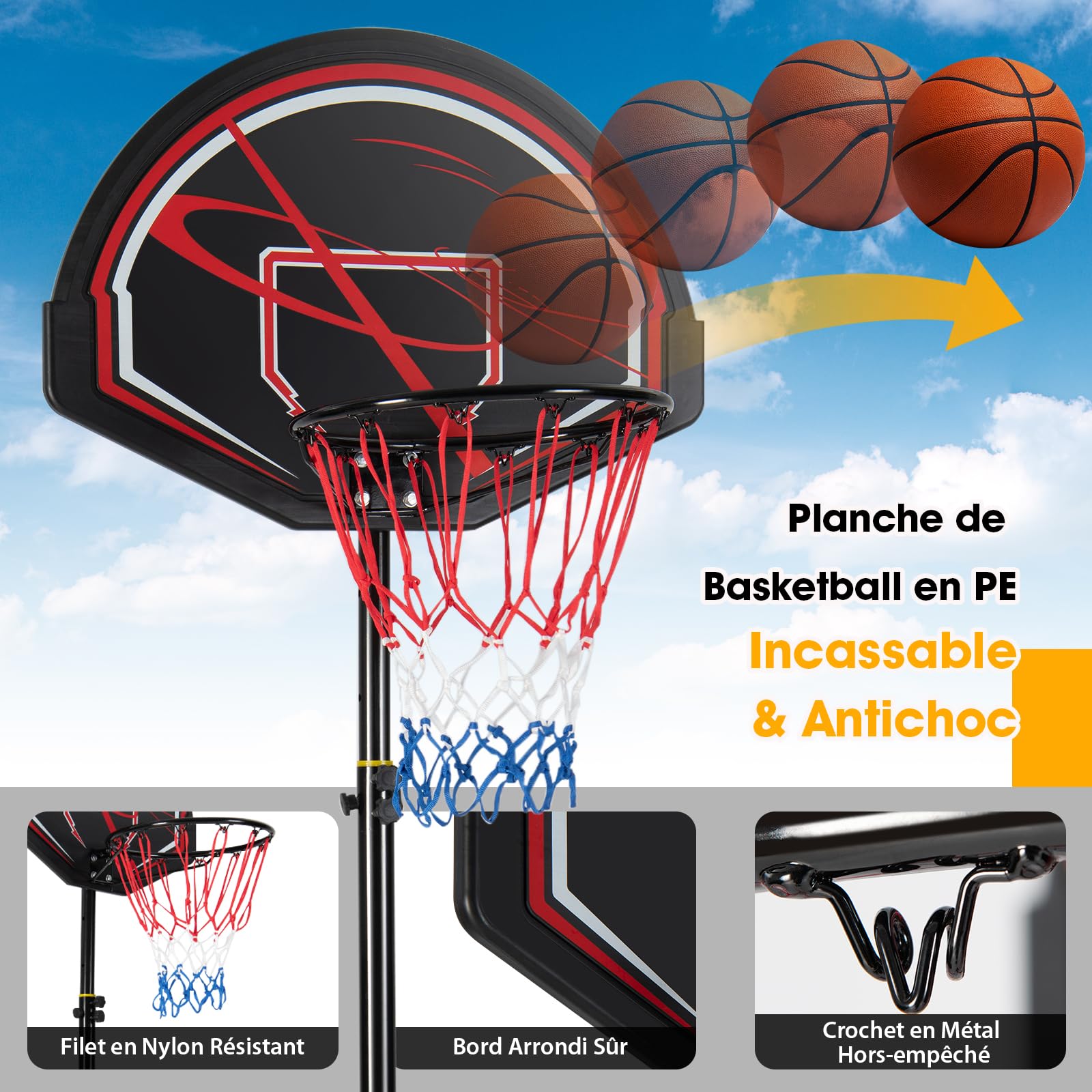 GYMAX Panier de Basket-Ball Extérieur pour Enfants sur Pied, Support de Panier de Basket Réglable en Hauteur Entre 170-230CM, avec Roues & Base Remplissable & Panneau Antichoc