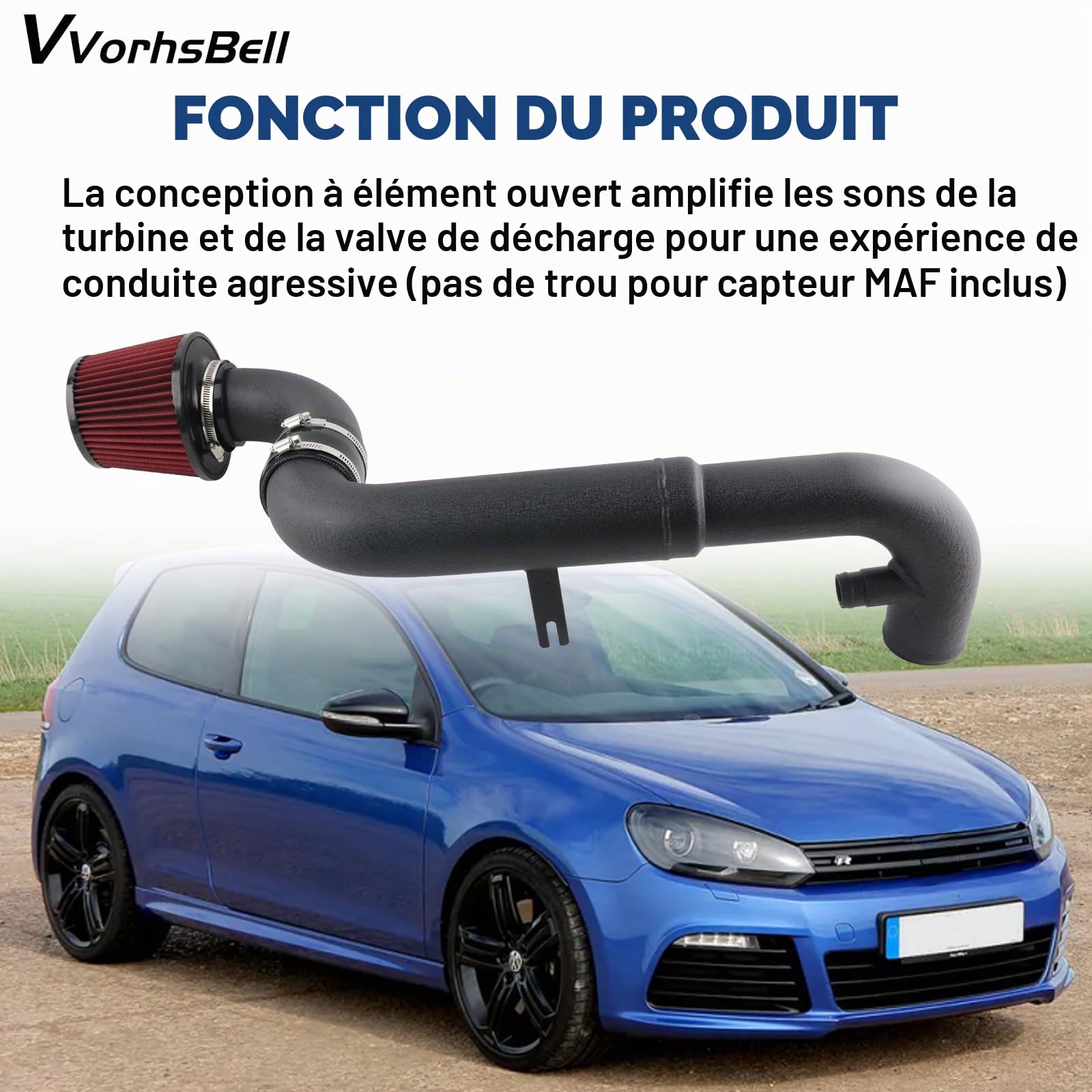 Kit d'admission d'air froid compatible avec VW Golf GTI MK6 2.0 TFSI 2011-2012 EA113 Tuyau en aluminium à haut débit + Bouclier thermique + Filtre rouge