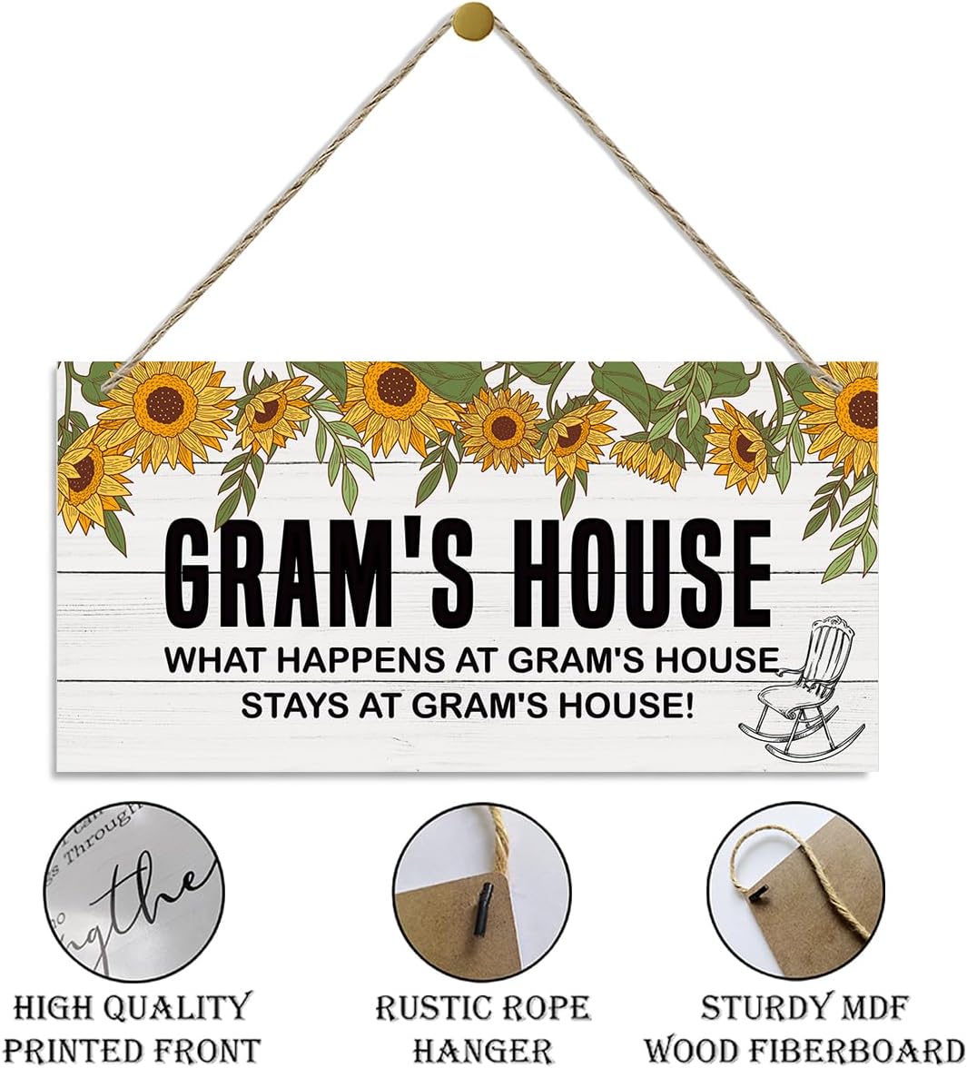 Rustic Gram's House Decor Sign, Sunflower Sign, Hanging Decorative Wood Plaque, Printed Wood Art Wall Decor, What Happens at Gram's House, Stays at Gram's House Sign, Gift for Grandma 12x6in - Image 5