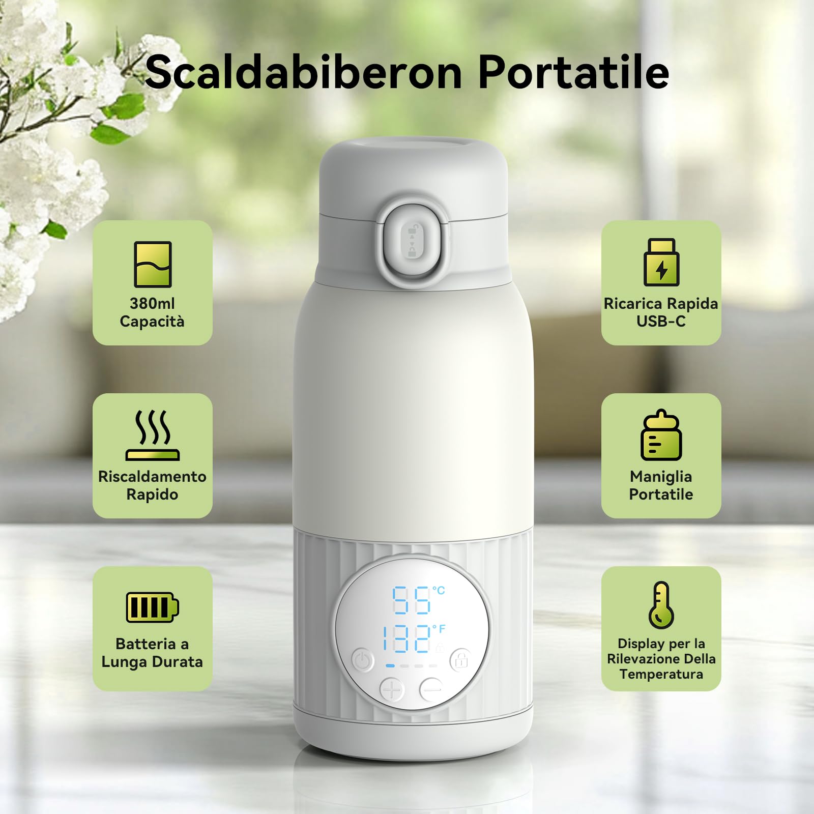 Scaldabiberon portatile per bambini in viaggio, batteria da 380 ml, per latte materno, acqua 10000 mAh, riscaldamento rapido, controllo preciso della temperatura 100W lunga durata della