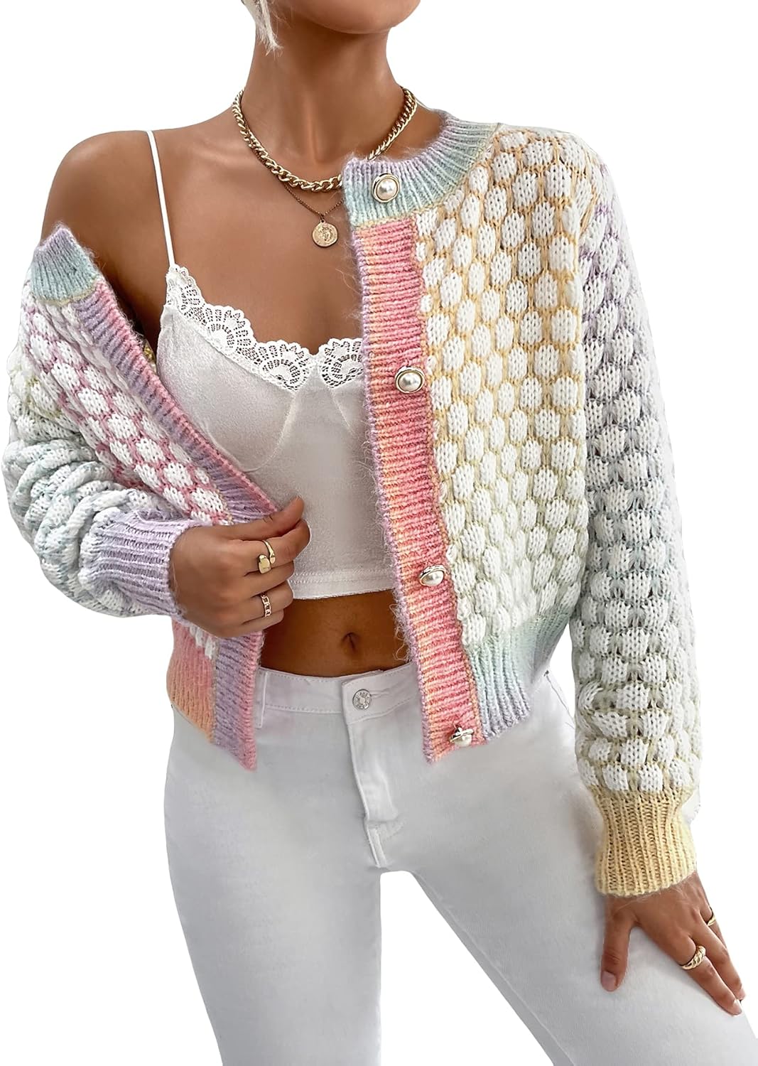 GORGLITTER Women's Button Up Colorful Cropped Cardigan Fall Clothes Cute Trendy 2025 Knit Tweed Sweater Jacket