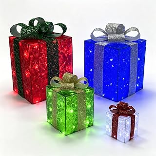 Set of 4 Christmas Lighted Gift Boxes, LED Light up Multicolor Present Boxes with Bowknot for Indoor Outdoor Christmas Decorations
