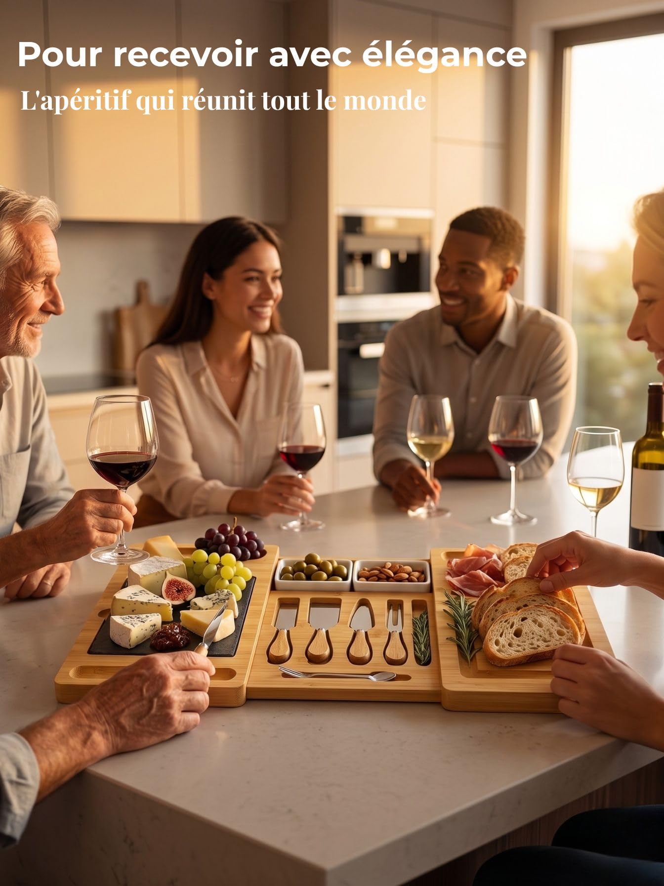 KKALYAN Planche Apero xxl Extensible en Bambou – Plateau Apéritif Dinatoire 6 à 8 Personnes avec Accessoires