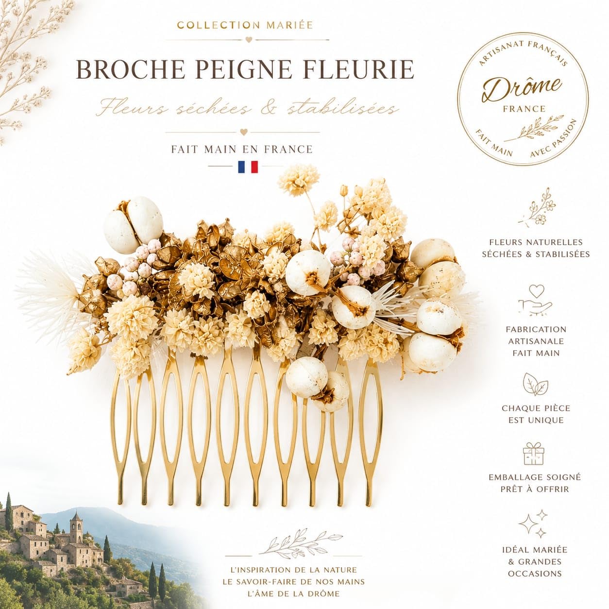 Céleste - Peigne de Mariée Fleurs Séchées Artisanal, Or - Blanc - Crème, Métal Doré, Style Bohème Romantique, Fait Main en France - Pièce Unique