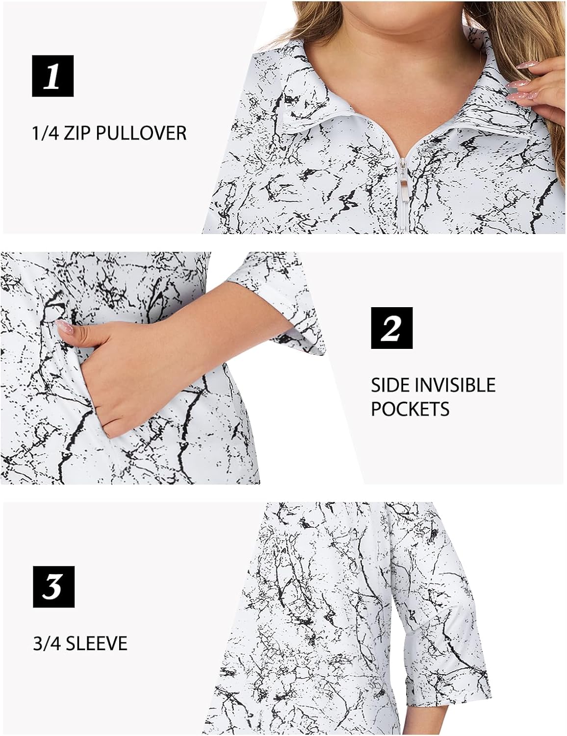 Tanst Sky Plus Size Womens Golf Polo Shirt 3/4 Sleeve Zip Up Workout Tops with Pockets - Image 6