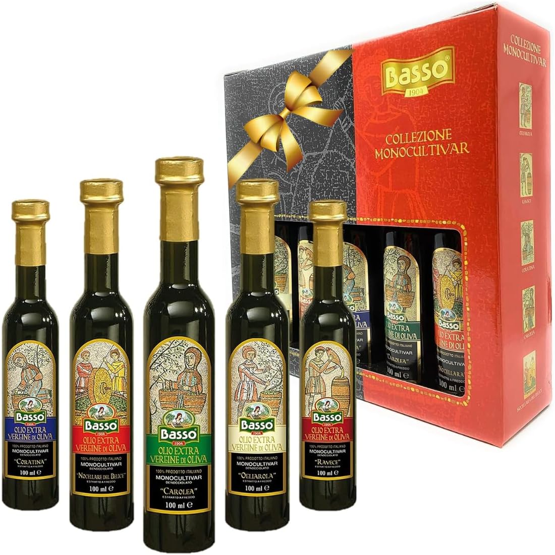 BASSO 1904 - Extra Virgin Olive Oil Gift Set, Experience 5 Olive Oil Varieties, First Cold Pressed, Tasting and Dipping Olive Oil Gift Box, (5 pack x 100 ml)