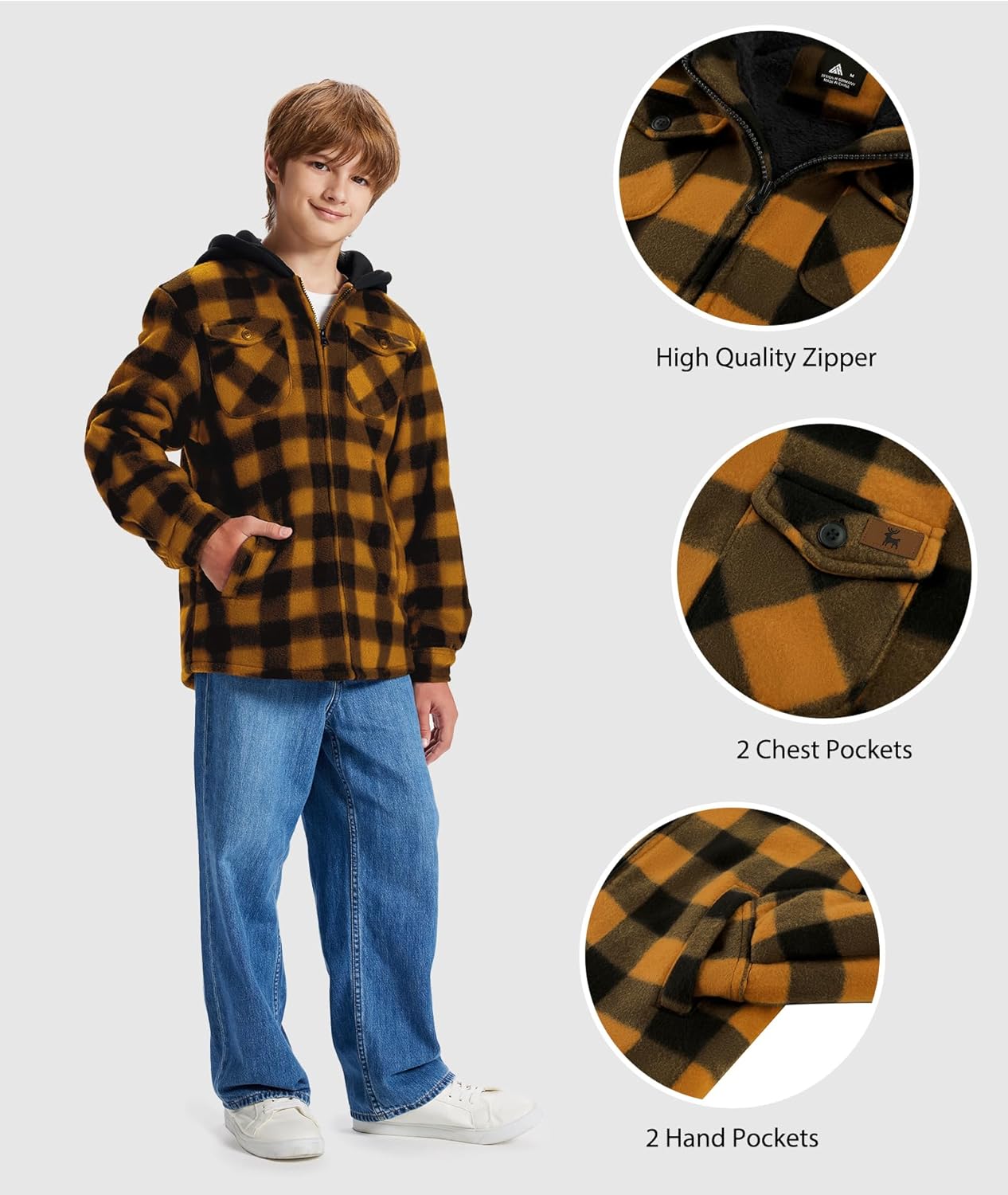 ZITY Boys Flannel Shirt Jacket Fleece Sherpa Lined Plaid Jackets Unisex Coat Full Zip Hoodie Girls Winter Outwear 6-15 Years - Image 4