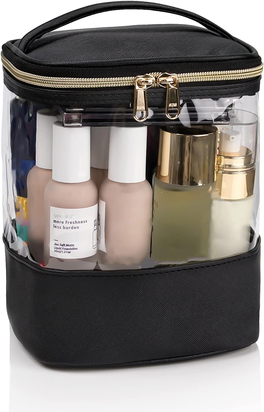 Clear Makeup Bags, Travel Waterproof Cosmetic Bag Plastic Transparent Organizer Women Makeup Pouch with Handle Mesh Pockets for Cosmetics Toiletries (Black)