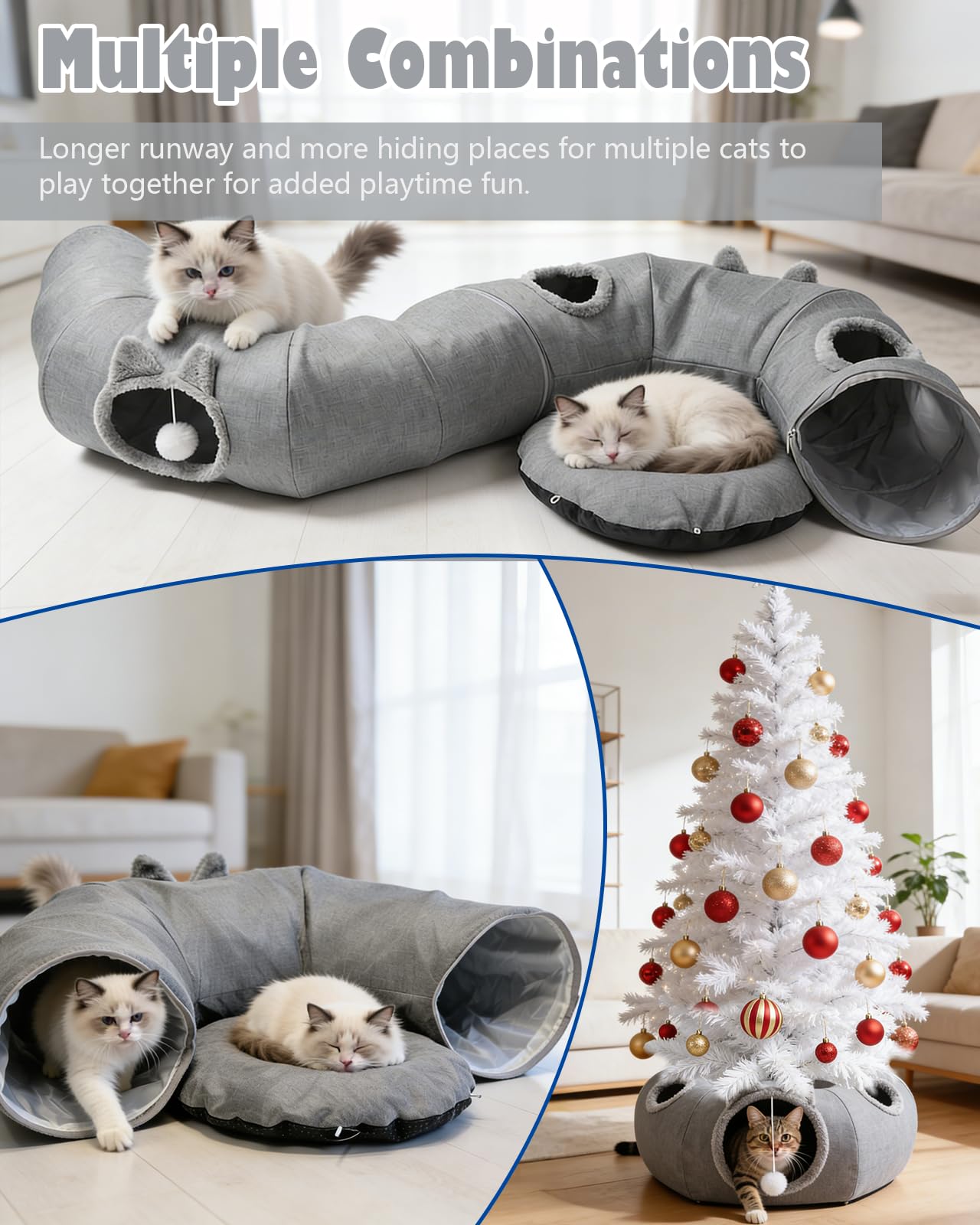 Katzentunnel aus Leinen für den Sommer, XXL Katzentunnel Große Katzen mit Schlafplatz & Bed Weiches, mit Zwei Eingängen Katzenhöhle & Hängende Bälle, Katzen Donut Cat Tunnel für Katze (Dunkelgrau)