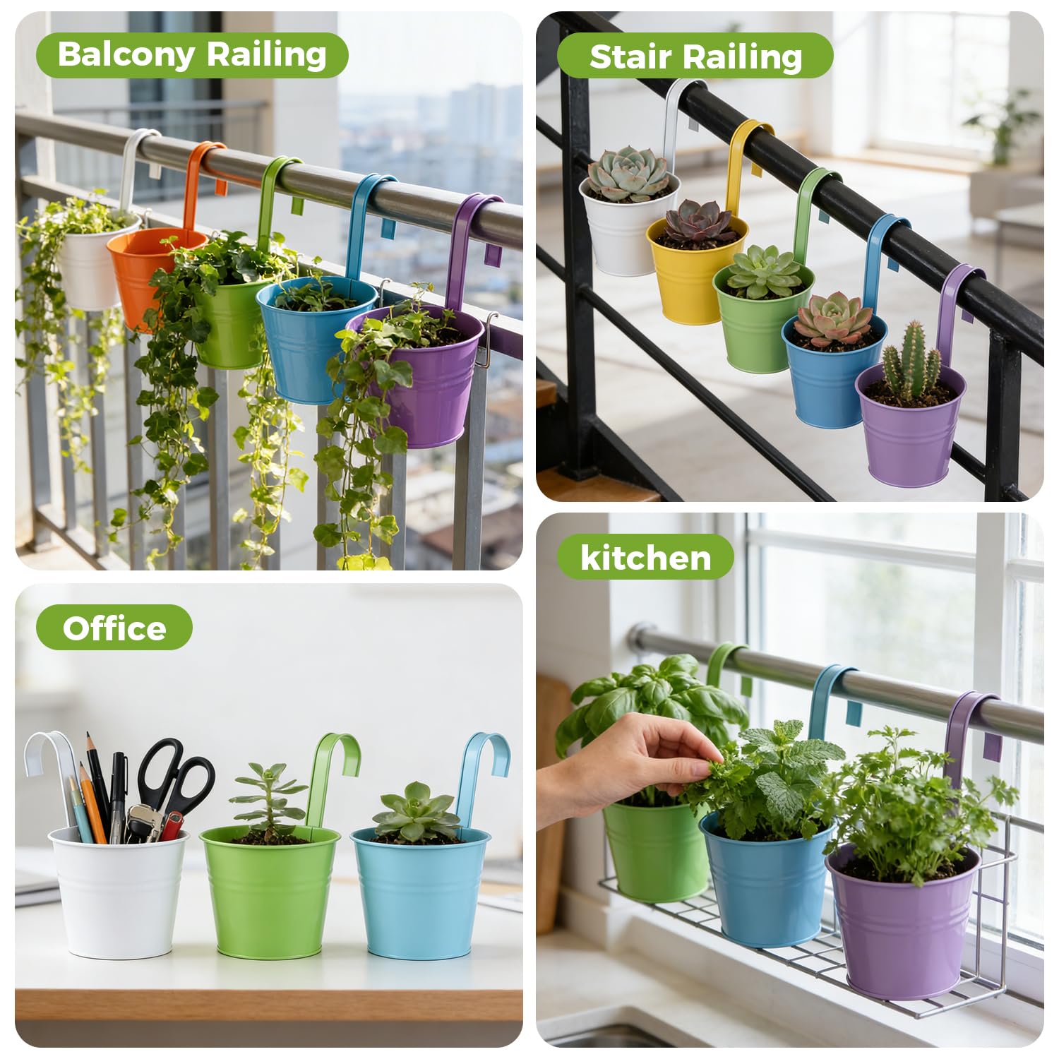 Paquete de 12 macetas colgantes para balcón, macetas coloridas de 6.4 pulgadas con agujeros de drenaje, soporte para plantas colgantes para interiores, macetas colgantes para exteriores