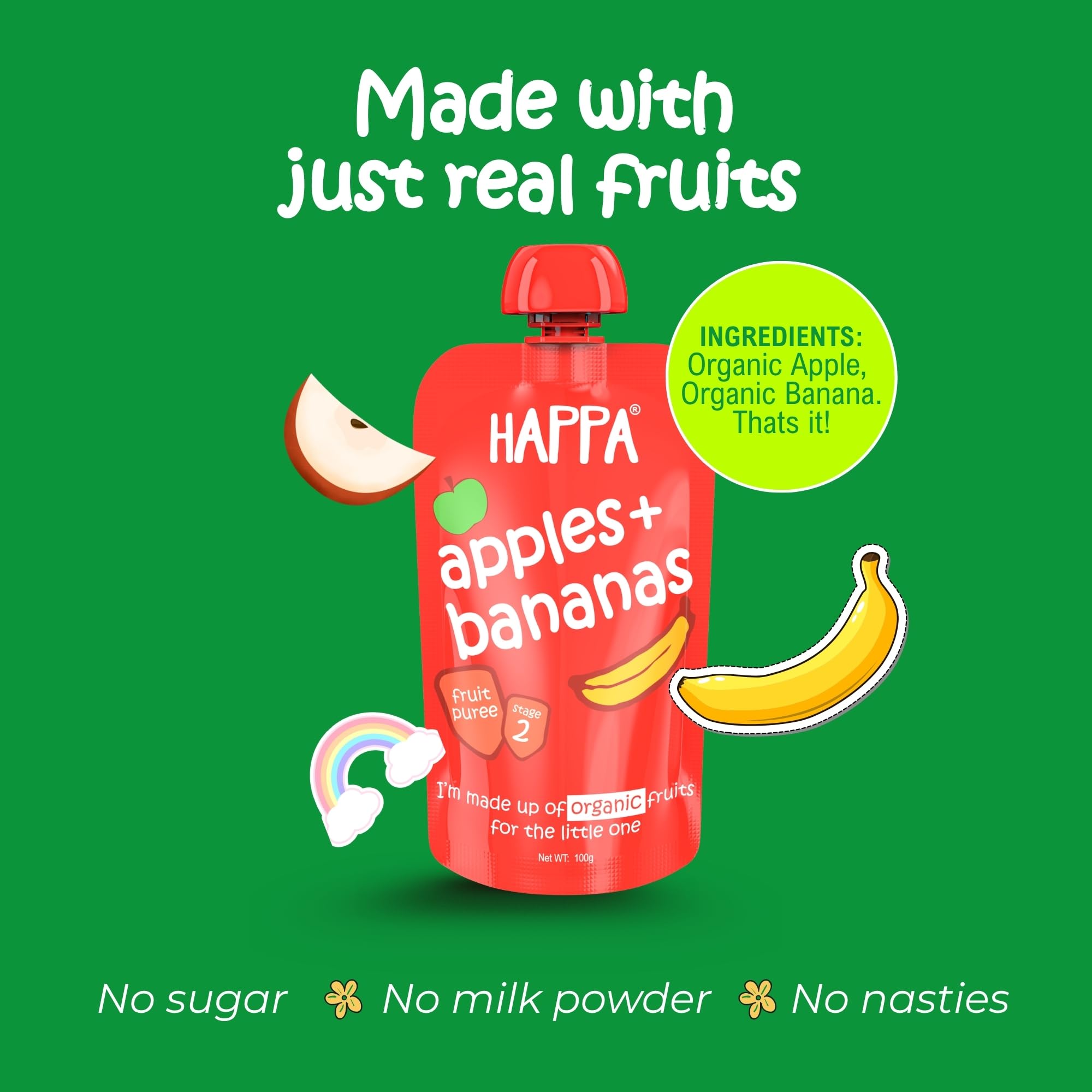 Happa Organic Baby Food Apple and Banana Puree | 100% Fruits | No Added Sugar, No Milk Powder, No Preservatives | Stage 2 (6 Months+) | Ready to Eat | Free from Common Allergens | Pack of 1 (100g Each)