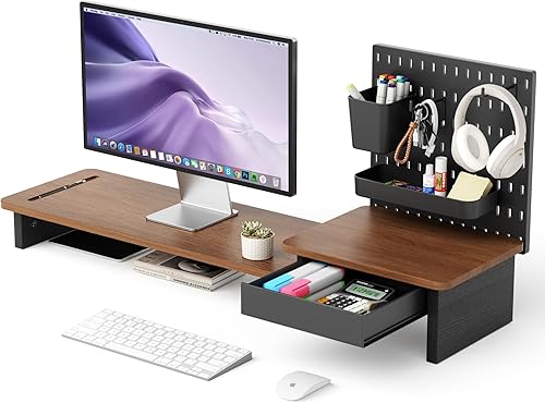 Miniatura 11 de Soporte elevador LED de doble monitor para 2 monitores, soporte de madera de escritorio de oficina, longitud y ángulo ajustables, 3 estantes,