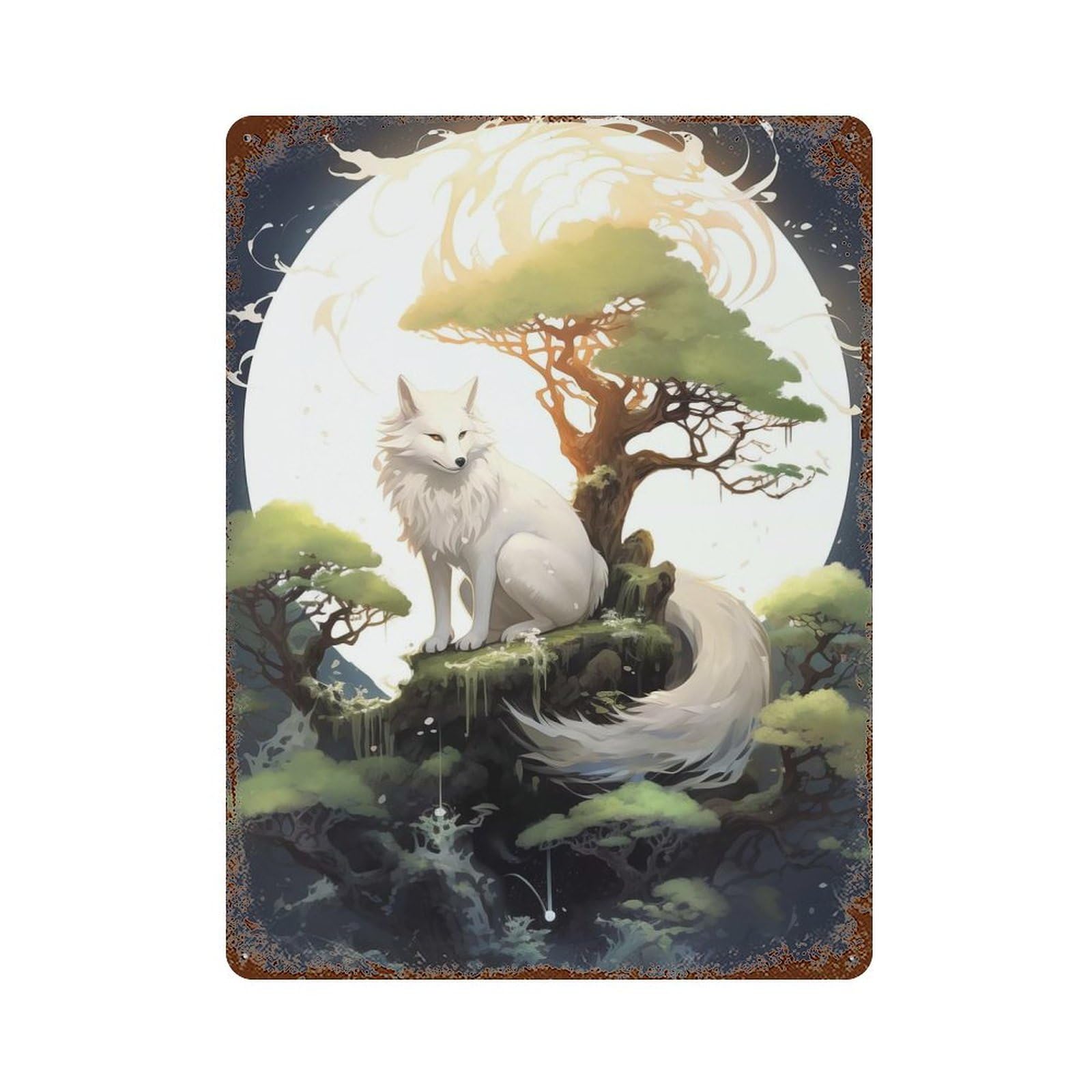 Garage Style Japanese Fox Moonlight Vintage Metal Tin Sign 15.7"x11.8", Industrial Home Decor for Bar And Workshop