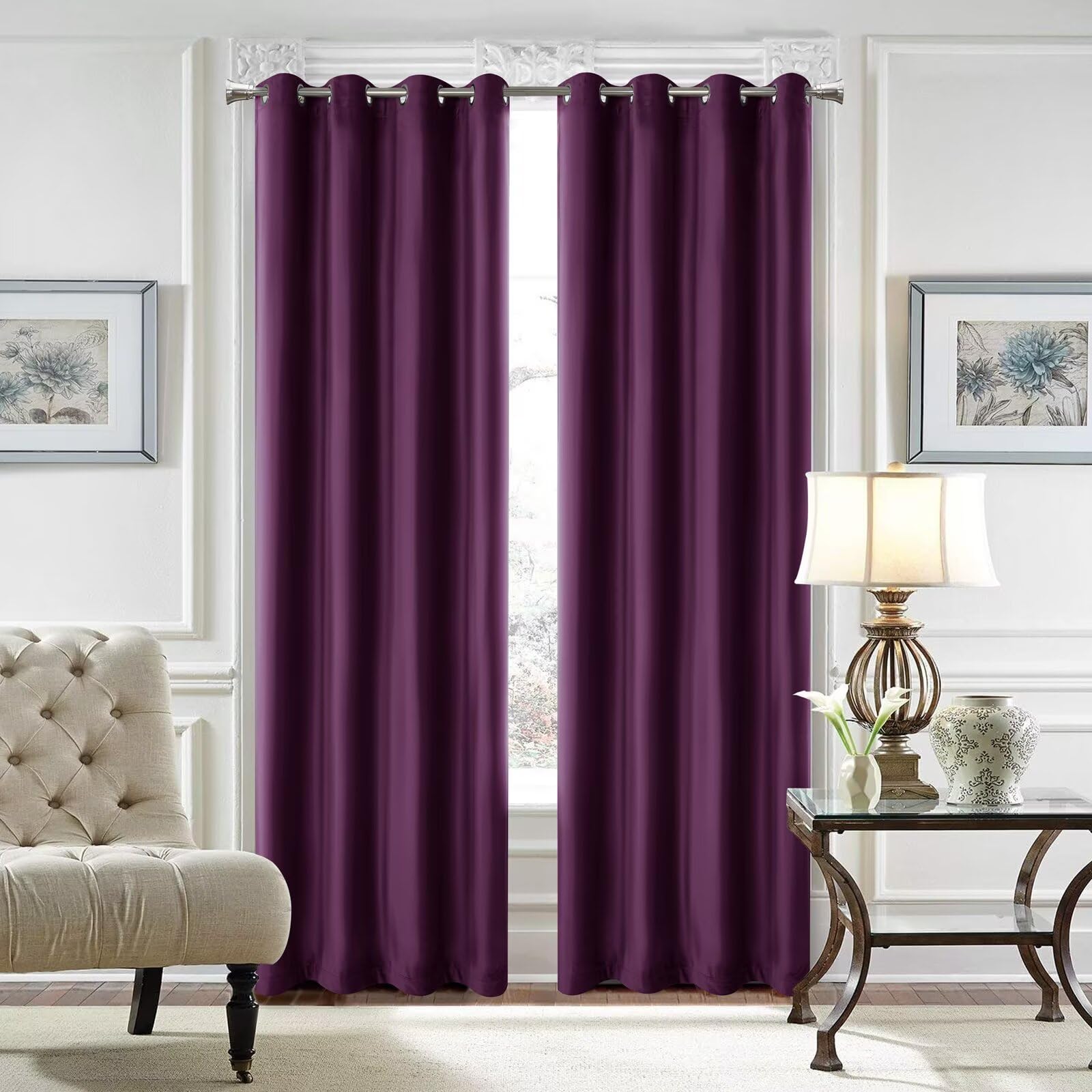 SSWH Blackout Curtains for Bedroom, Thermal Insulated Eyelet Curtains, Solid Colour Window Drapes for Living Room Privacy Protection(Size:84" W x 96" L(2 Panels),Color:Purple)
