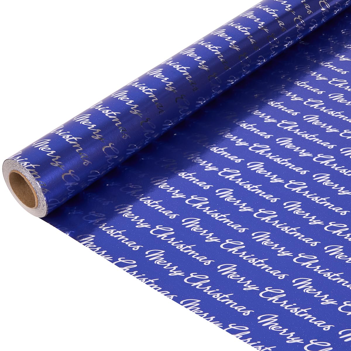 10M Gift Wrapping Paper Roll for Christmas, 43cm Blue Wrapping Paper Print with Shine “Merry Christmas” for Xmas Birthday Gift Decoration