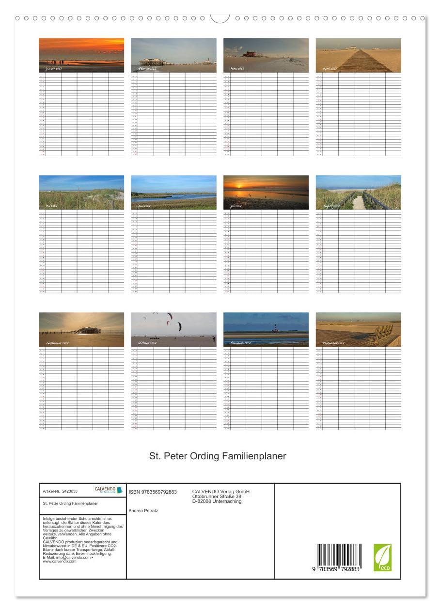 CALVENDO - St. Peter Ording Familienplaner (hochwertiger Premium Wandkalender 2027 DIN A2 hoch), Kunstdruck in Hochglanz: 12 zauberhafte Fotografien von St. Peter Ording begleiten Sie durchs Jahr.