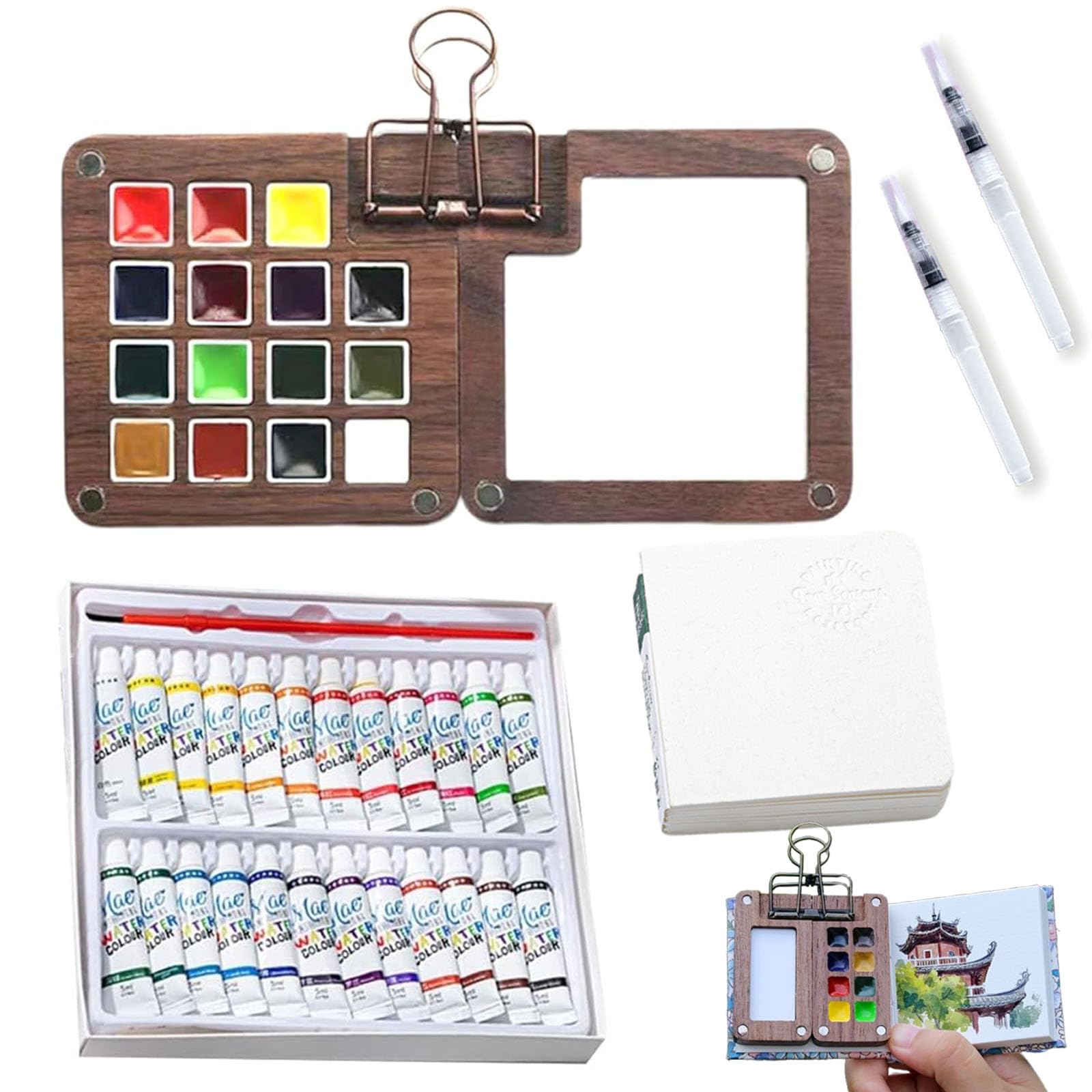 Nano Palette D'aquarelle, Trousse De Voyage Pour Artiste De Poche, Nanopalette Mini Aquarelle Pour Peintres, Artistes, étudiants, Palette De Peinture De Voyage Portable (noyer, 15 Emplacements