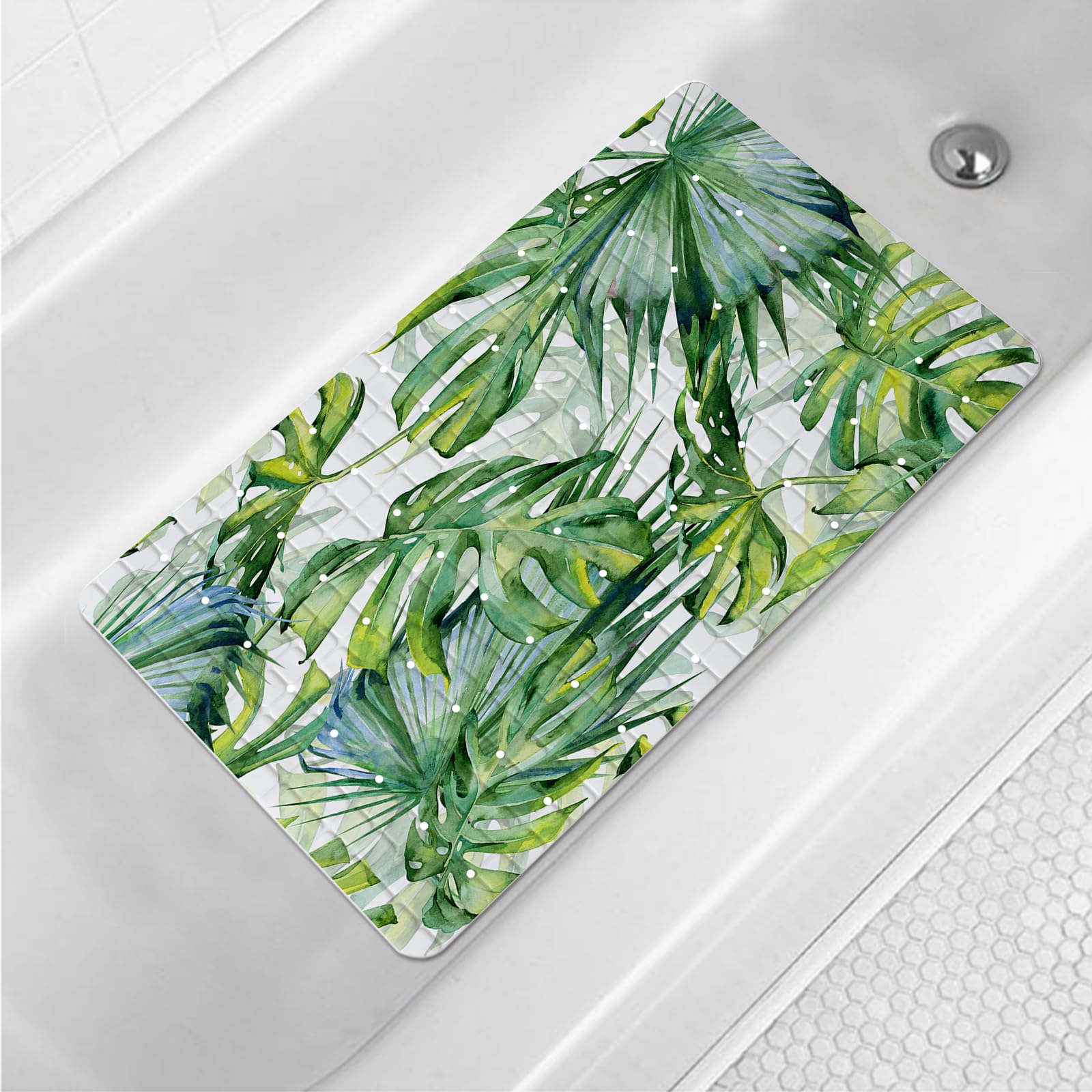 Green Leaves Bathtub Mat Non Slip Palm Leaf Bath Shower Mat 15x27 Tropical Banana Leaf Bath Tub Mat with Drain Holes Suction Cups Washable Botanical Monstera Bath Mat for Tub for Bathroom